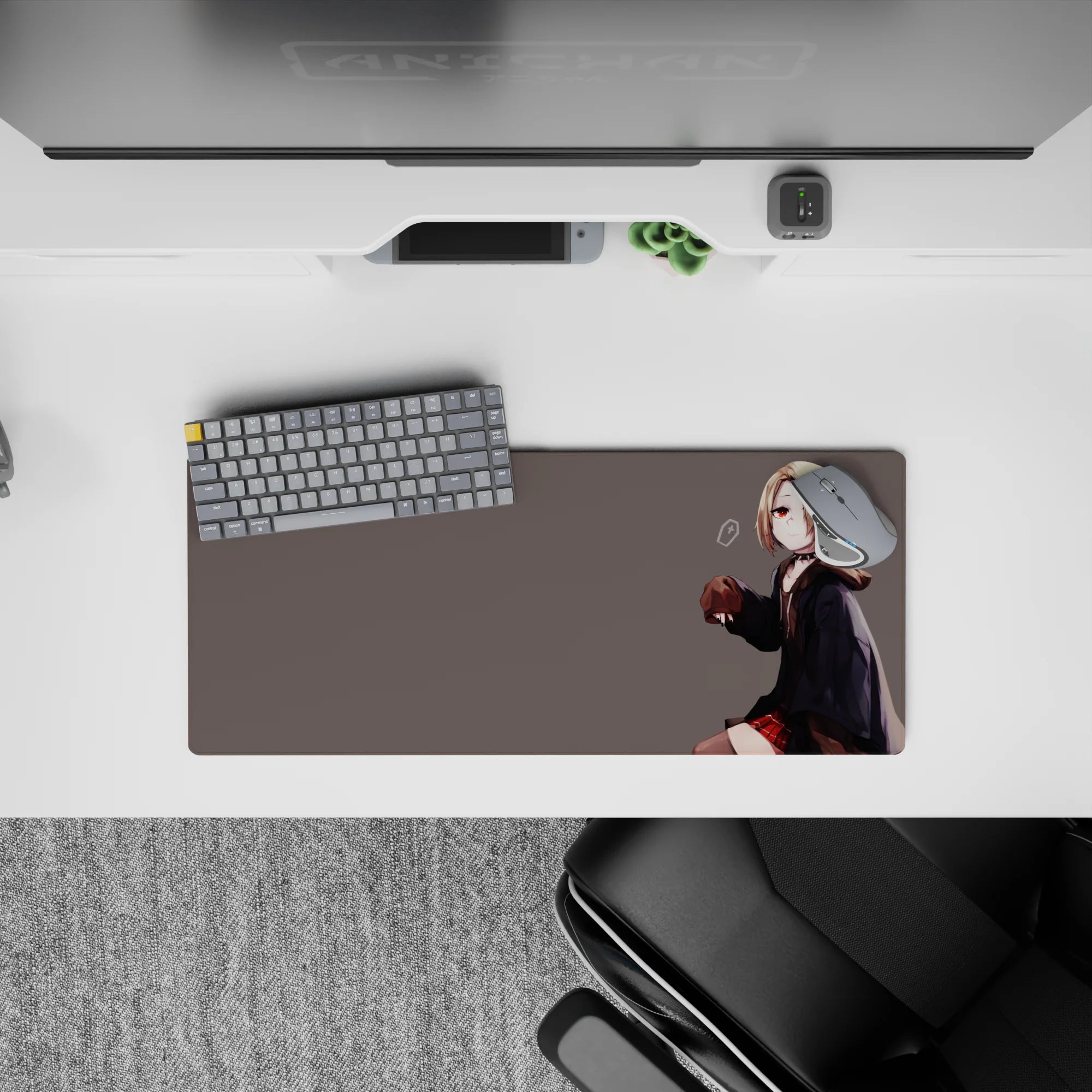 28x12 inches moody lo-fi anime mouse pad in soft gray with red accents, clean linework, calm vibe.