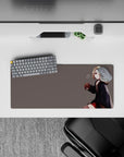 28x12 inches moody lo-fi anime mouse pad in soft gray with red accents, clean linework, calm vibe.