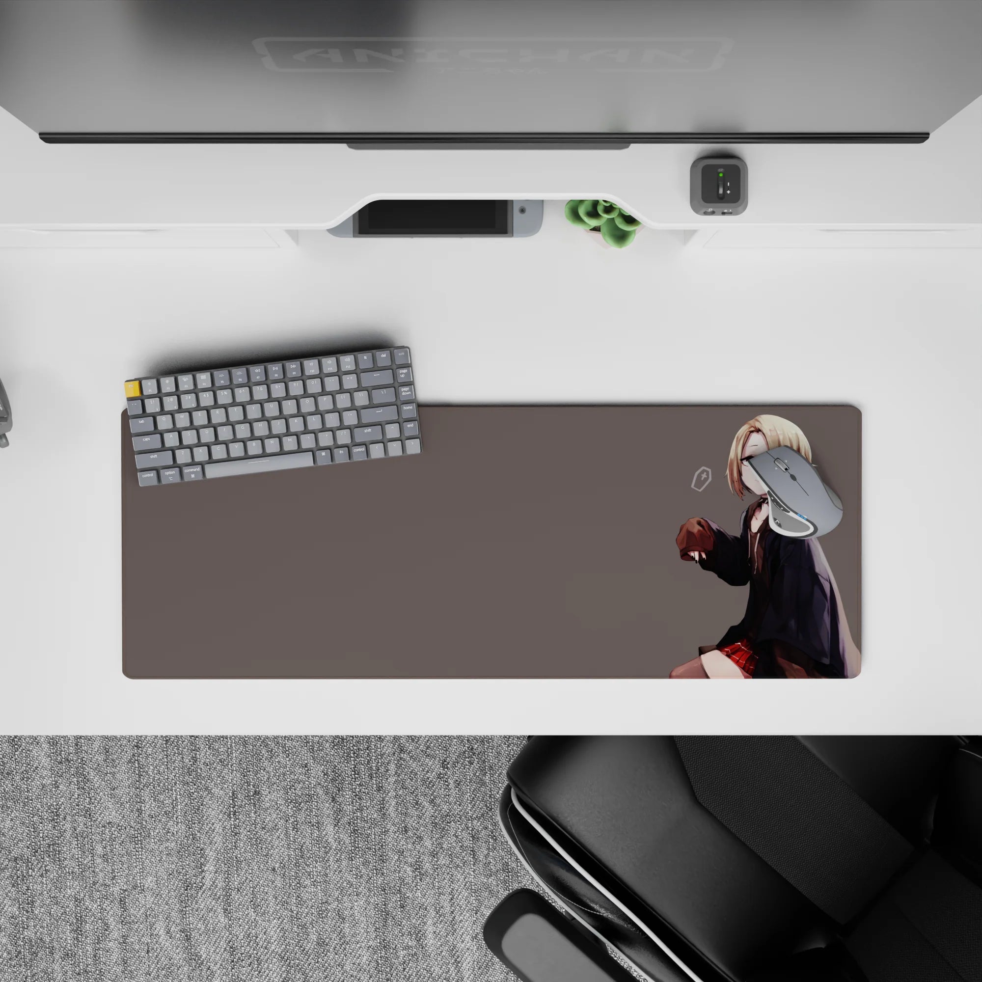 Moody lo-fi vibe anime girl mouse pad 32x12 inches in soft gray, warm reds, and crisp clean linework.