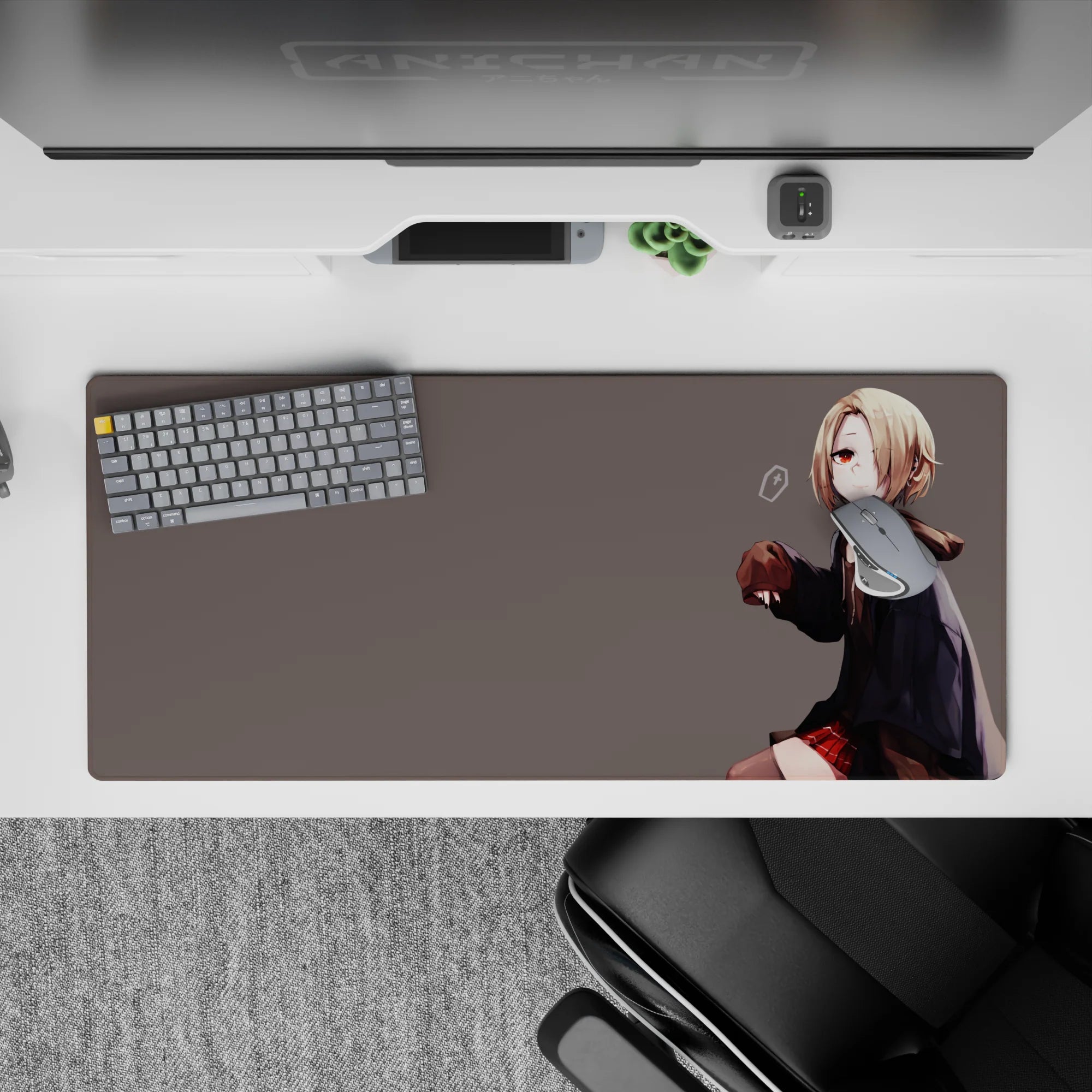 Soft moody anime desk pad 36x16 inches in gray tones with warm red accents, cozy late-night vibe.