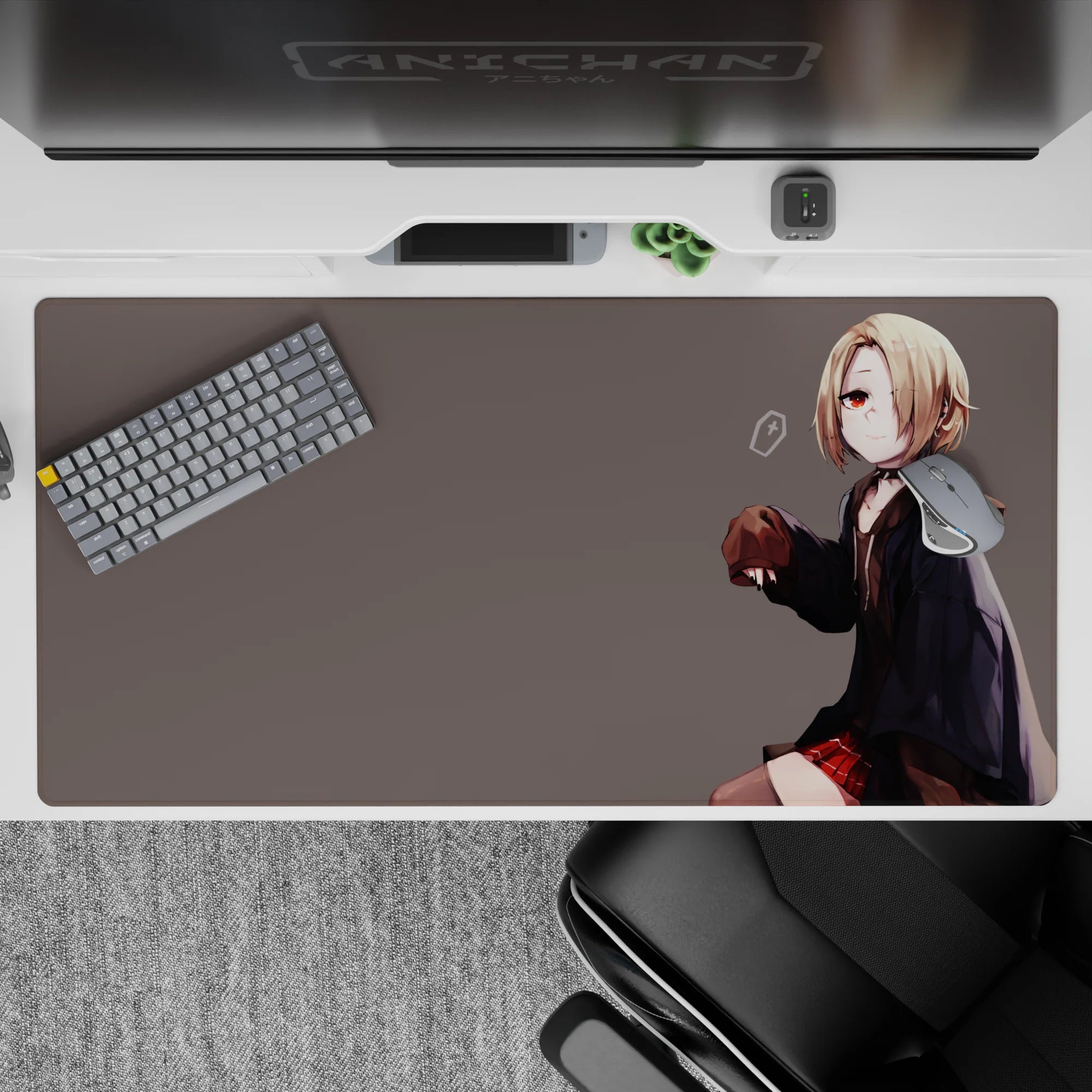 Moody lo-fi vibe anime desk pad 40x20 inches in soft gray, warm reds, and dark hoodie tones.