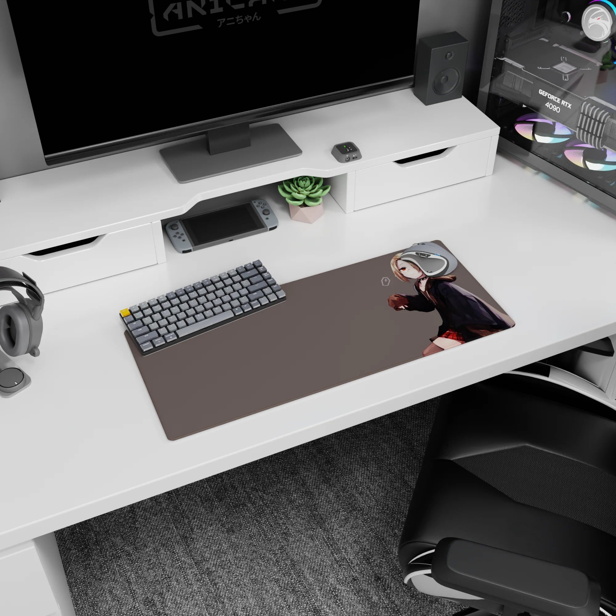 28x12 inches desk mat showing shy blonde anime girl in oversized hoodie and red plaid skirt, tiny smile.