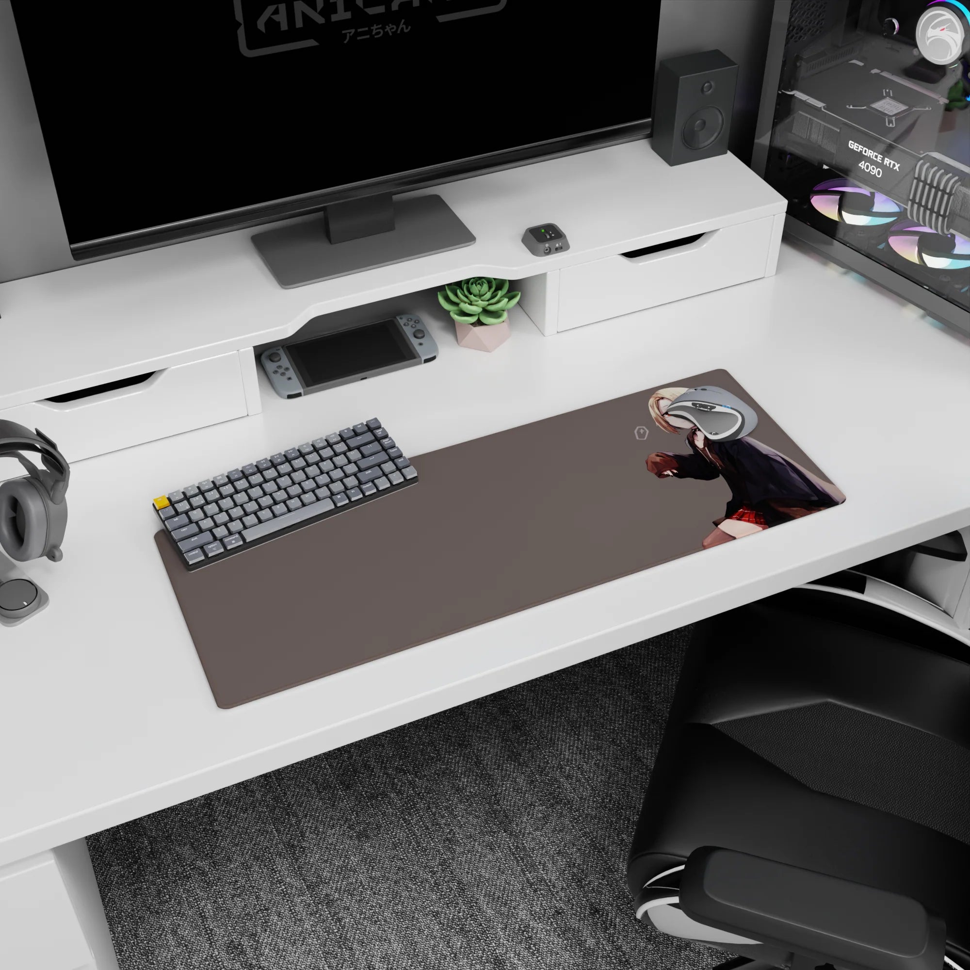 Shy blonde anime girl in oversized hoodie and red plaid skirt on a 32x12 inches extended mouse pad.