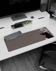 Shy blonde anime girl in oversized hoodie and red plaid skirt on a 32x12 inches extended mouse pad.