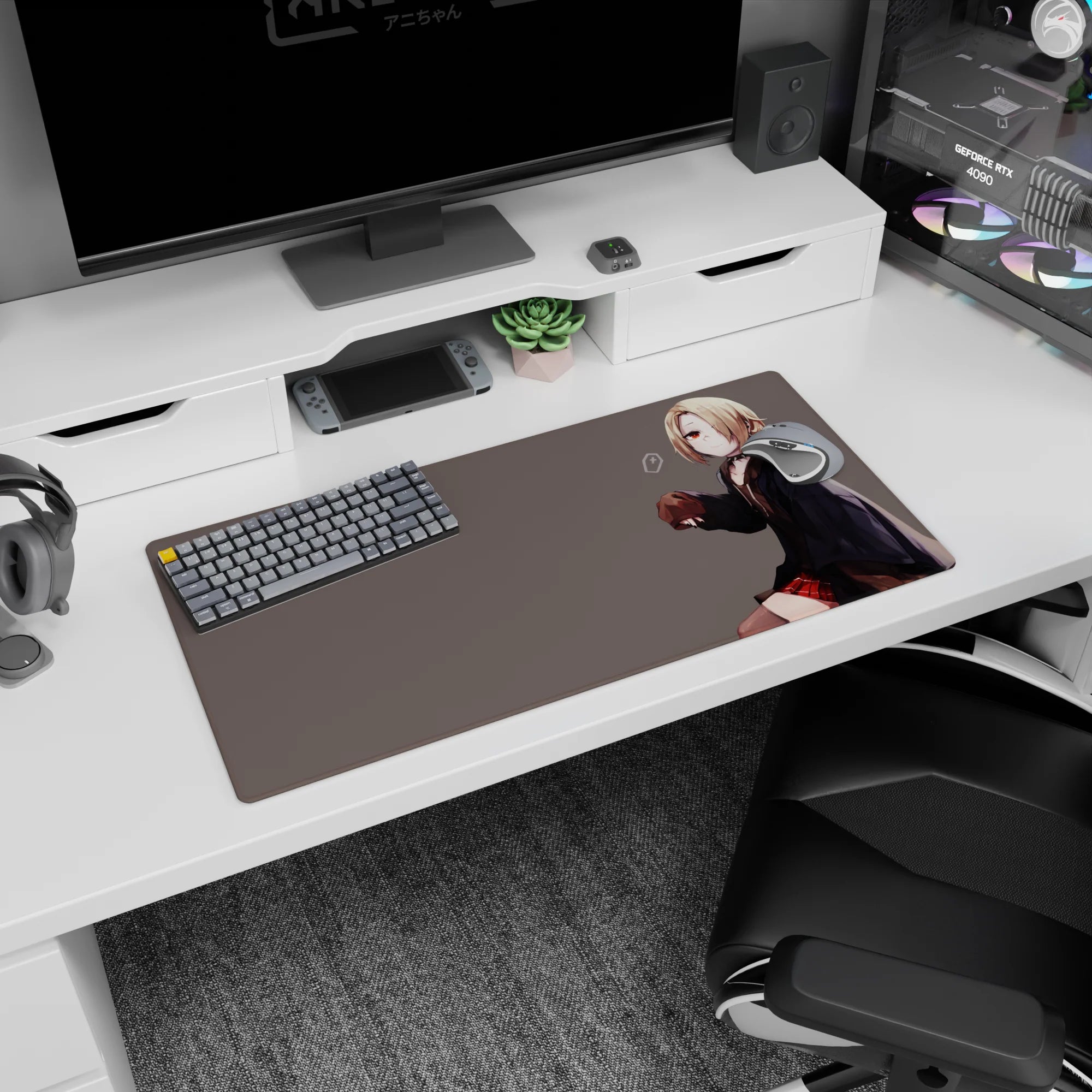 Shy blonde bob-cut anime girl in oversized hoodie and red plaid skirt on mouse pad 32x16 inches.