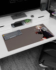 Shy blonde bob-cut anime girl in oversized hoodie and red plaid skirt on mouse pad 32x16 inches.