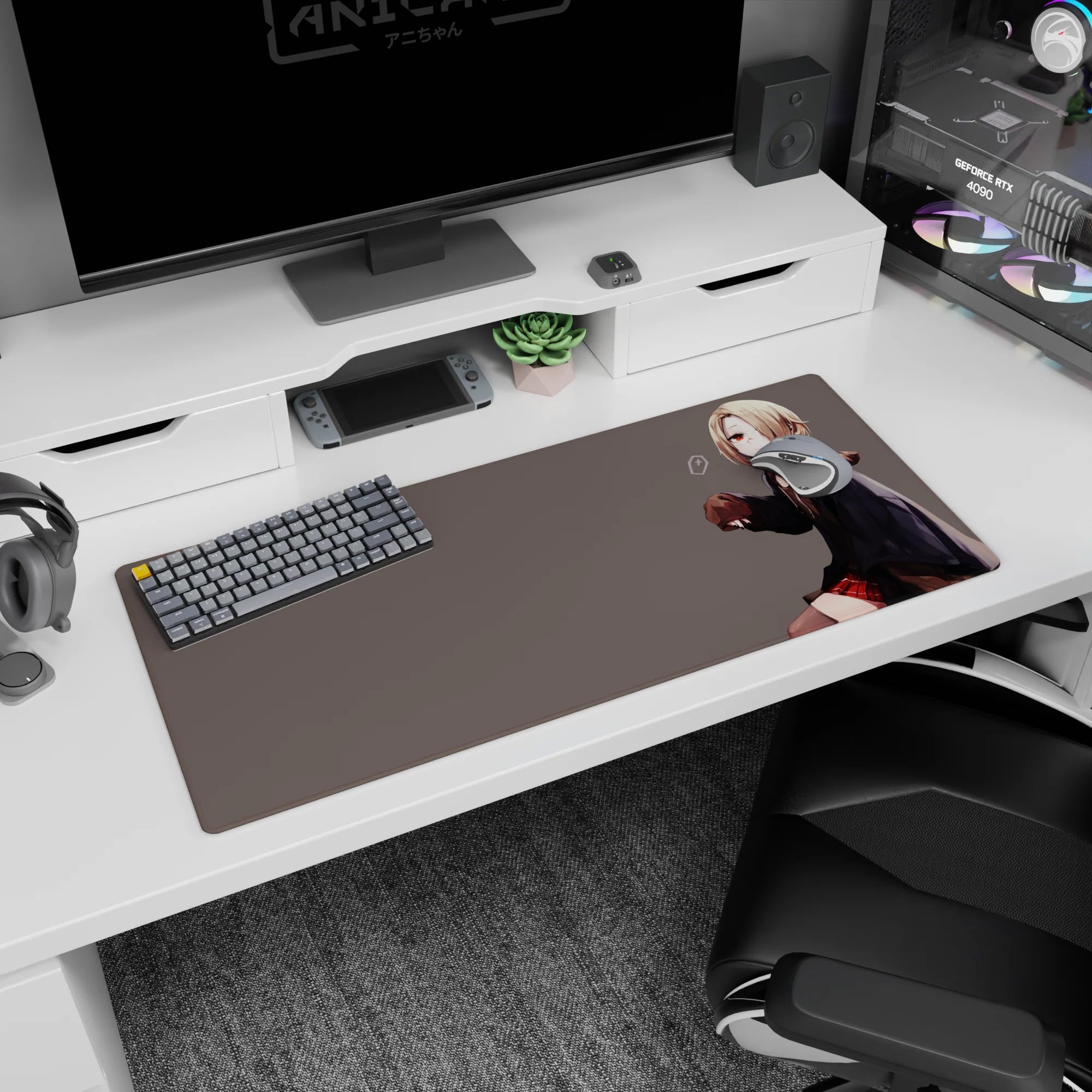 Blonde bob anime girl in oversized hoodie and plaid skirt on minimalist gray desk pad 36x16 inches.
