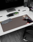 Blonde bob anime girl in oversized hoodie and plaid skirt on minimalist gray desk pad 36x16 inches.