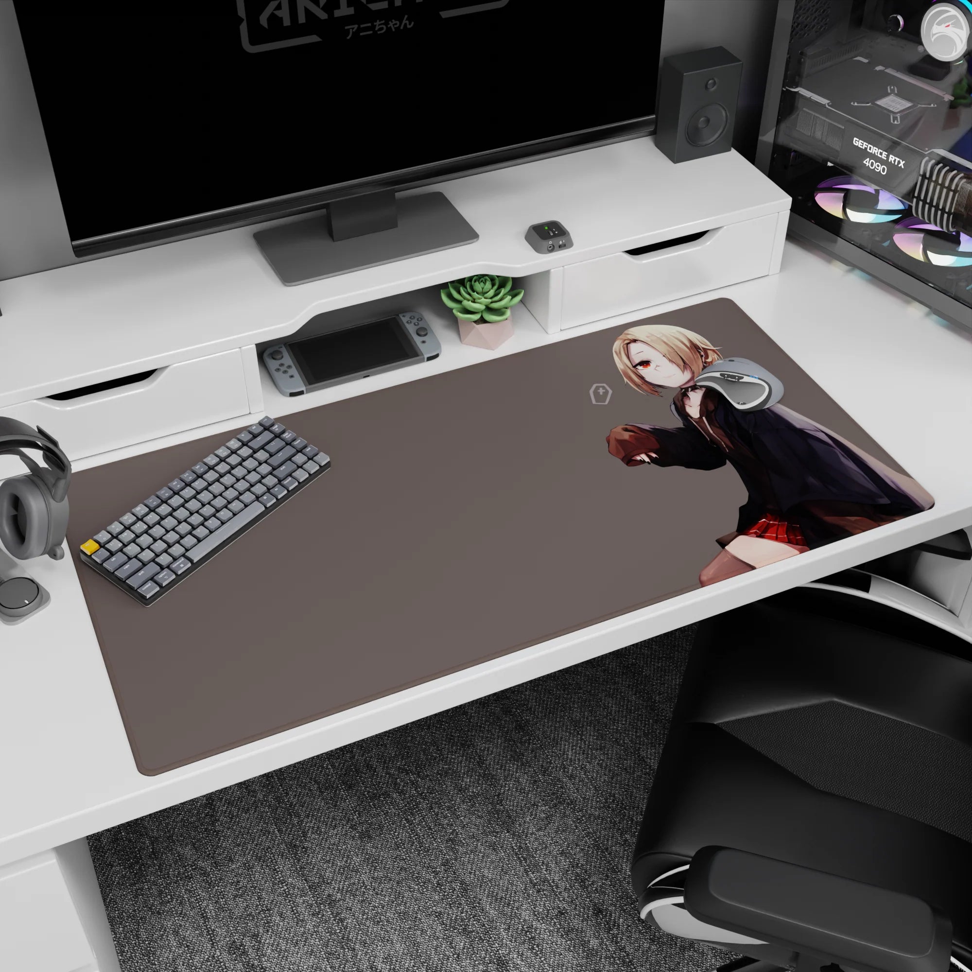Shy blonde anime girl in oversized hoodie and red plaid skirt desk pad 40x20 inches, tiny smile.