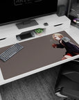 Shy blonde anime girl in oversized hoodie and red plaid skirt desk pad 40x20 inches, tiny smile.