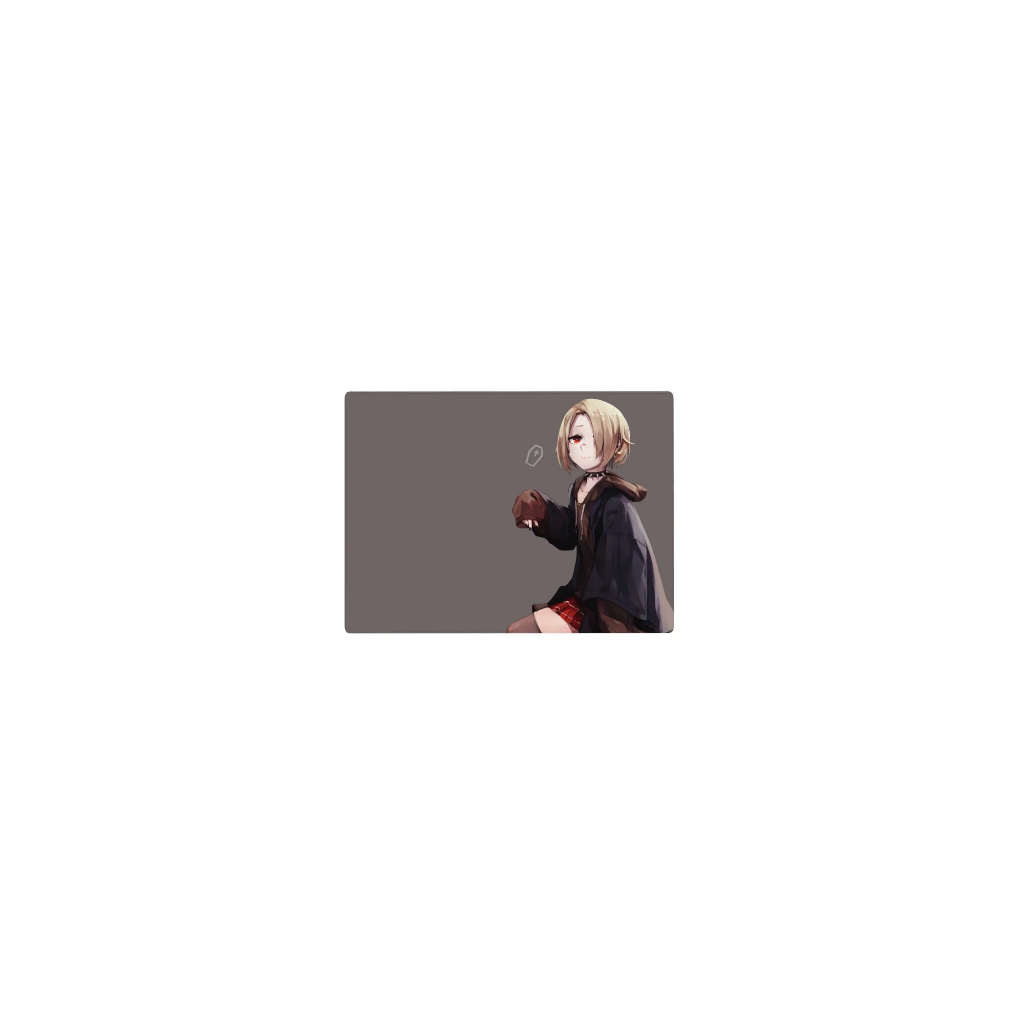 Classic anime girl mouse pad 14x10 inches with blonde bob, red eyes, dark hoodie, and red plaid skirt.