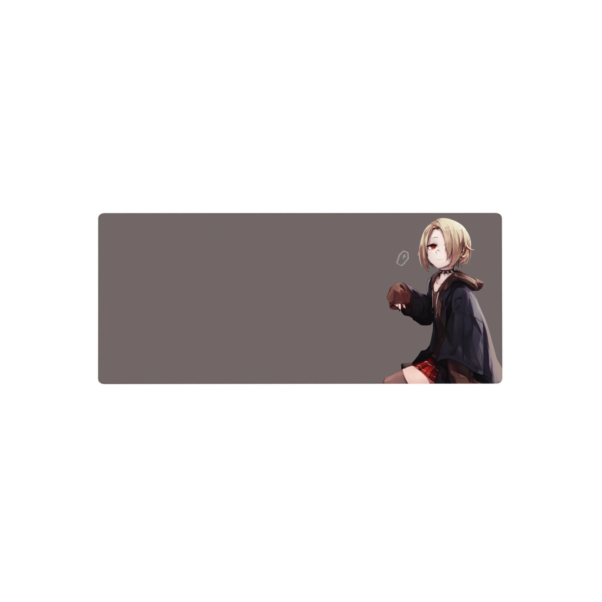 28x12 inches anime girl mouse pad with blonde bob, red eyes, dark hoodie, red plaid skirt on gray.