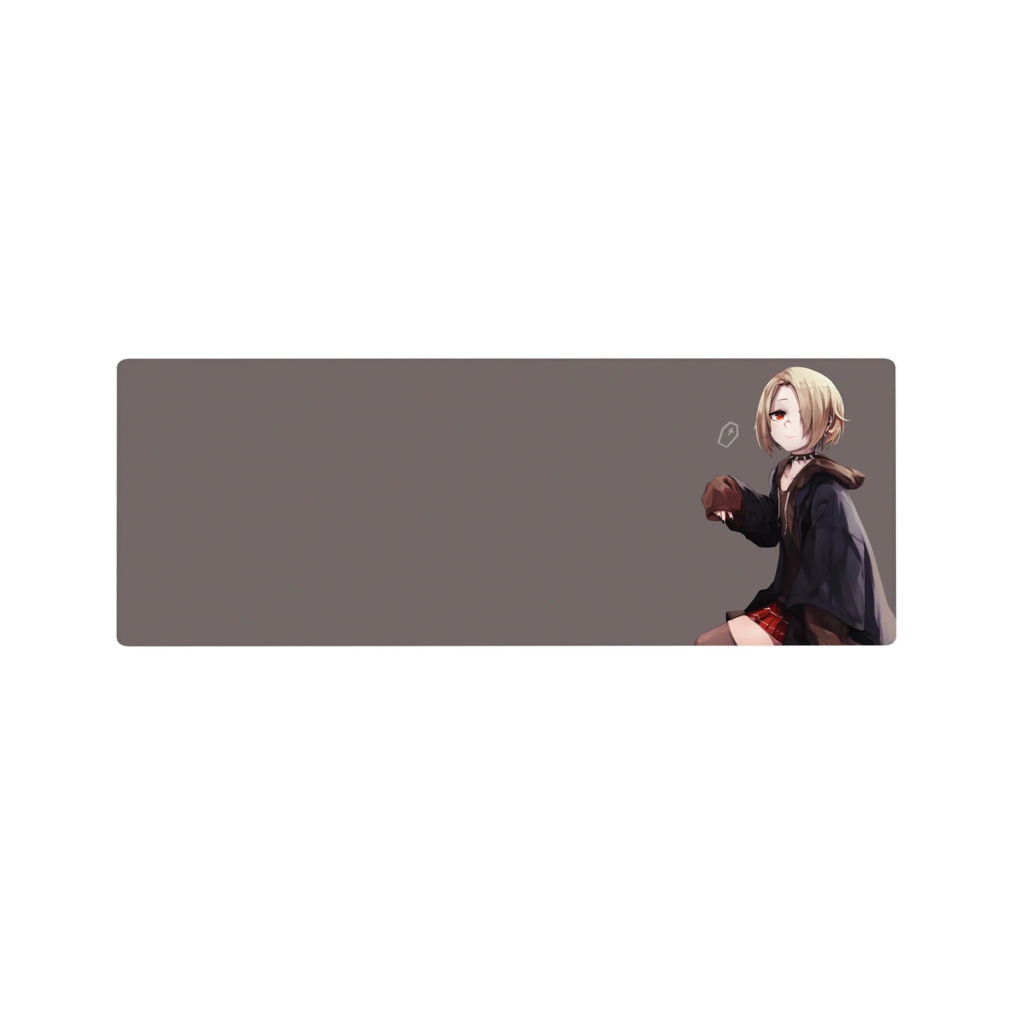Anime girl mouse pad 32x12 inches with blonde bob, red eyes, dark hoodie, red plaid skirt on gray background.