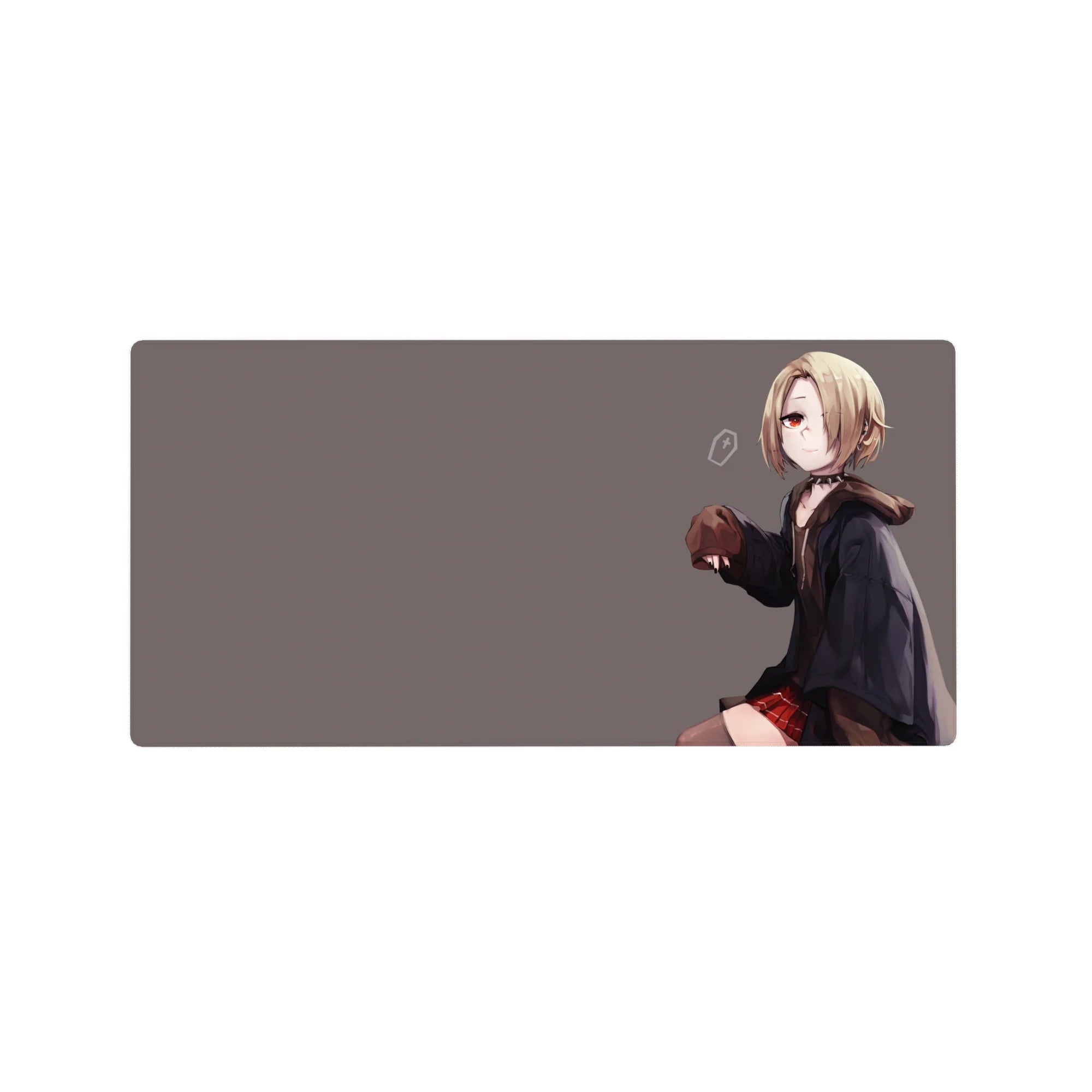 Anime girl mouse pad 32x16 inches with blonde bob, red eyes, dark hoodie and red plaid skirt on gray.
