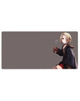 Anime girl mouse pad 32x16 inches with blonde bob, red eyes, dark hoodie and red plaid skirt on gray.