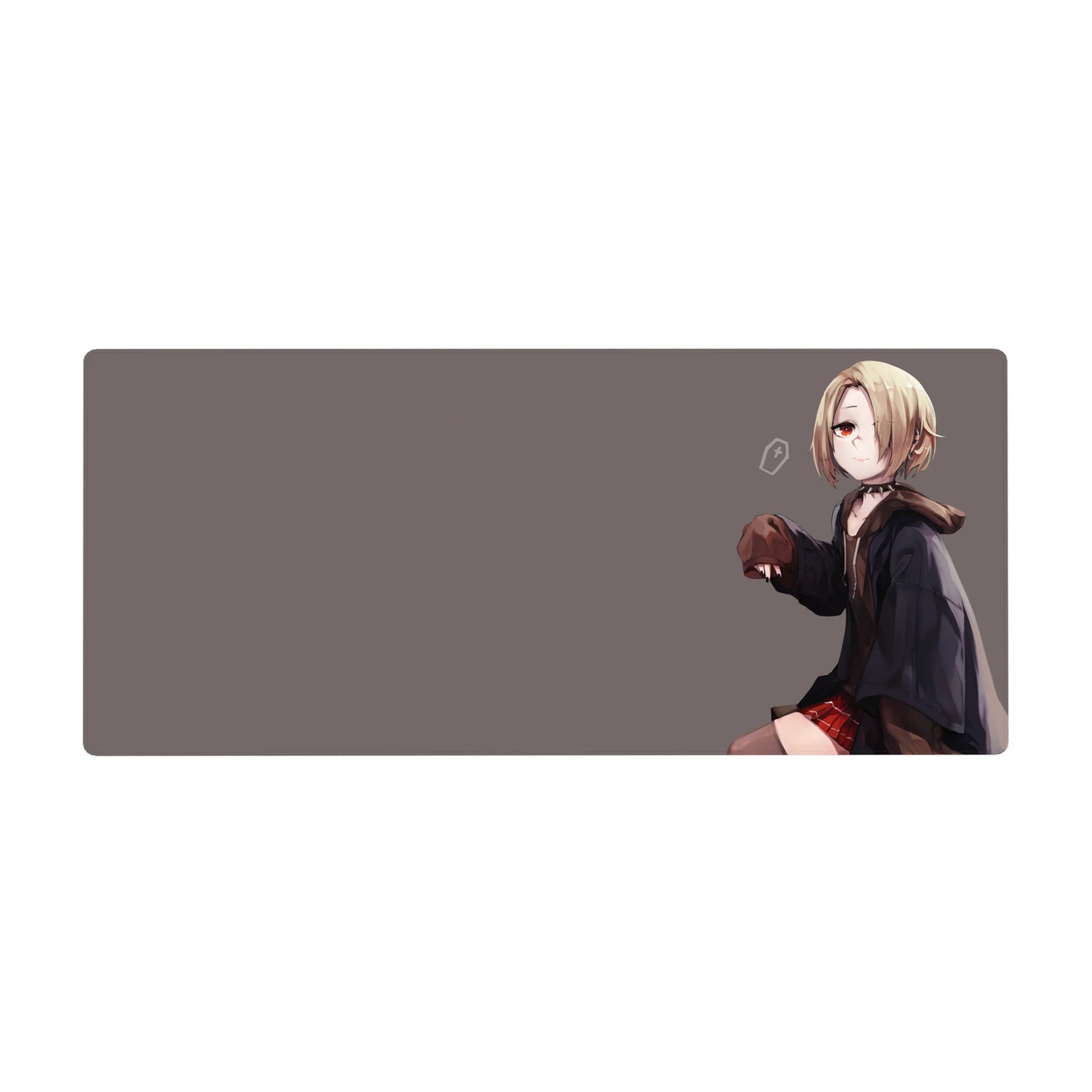 Anime girl desk pad 36x16 inches with blonde bob, red eyes, dark hoodie and red plaid skirt on gray.