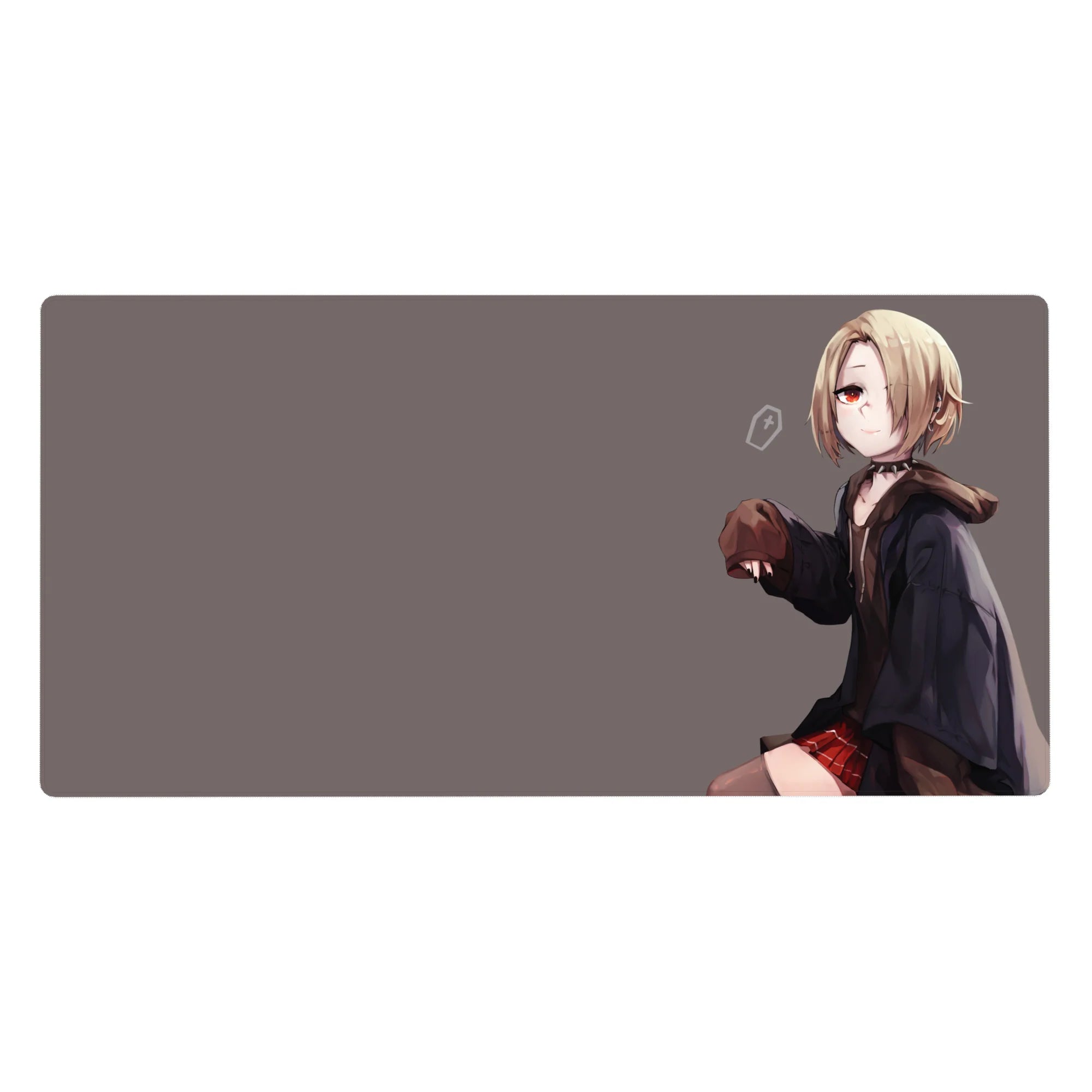 Anime girl desk pad 40x20 inches with blonde bob, red eyes, dark hoodie, red plaid skirt on gray.