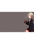 Anime girl desk pad 40x20 inches with blonde bob, red eyes, dark hoodie, red plaid skirt on gray.