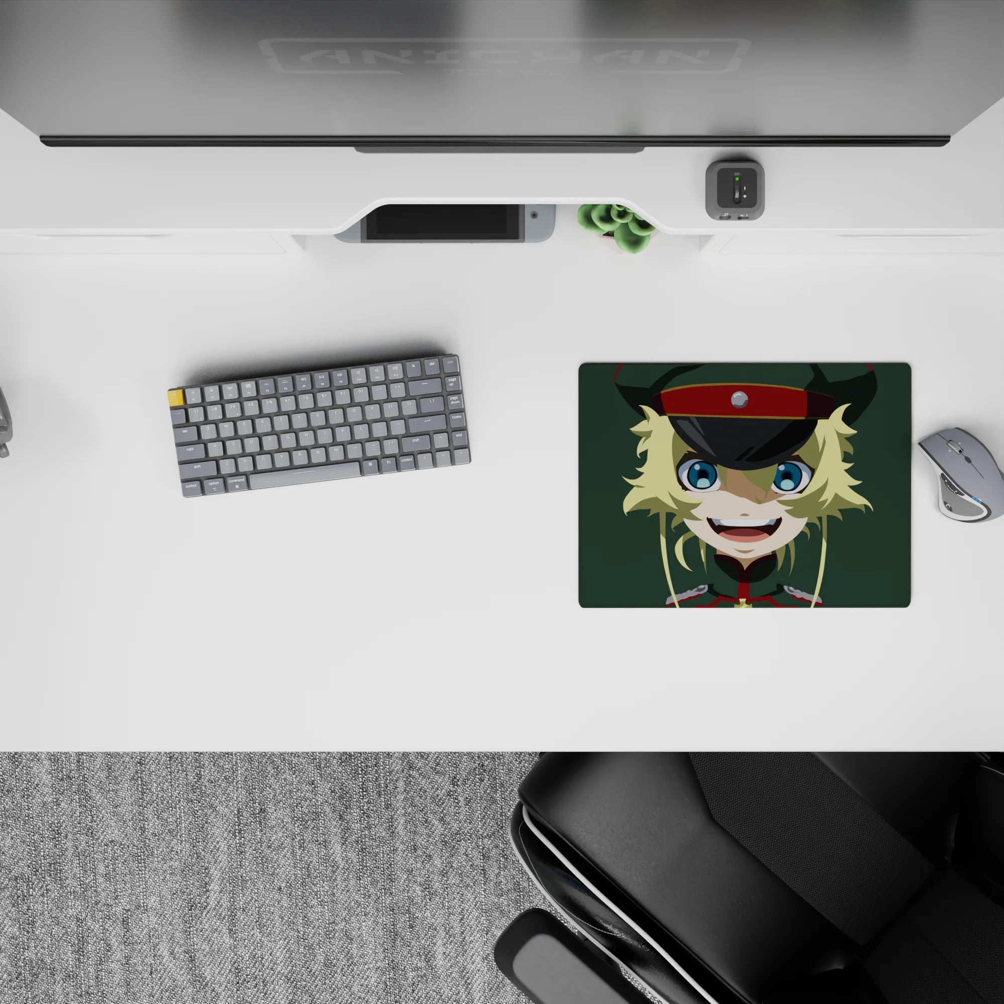 Cute chaotic vibe mouse pad 14x10 inches, bright blue eyes, yellow hair, dark cap, muted green background.