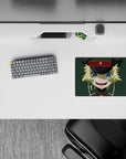 Cute chaotic vibe mouse pad 14x10 inches, bright blue eyes, yellow hair, dark cap, muted green background.