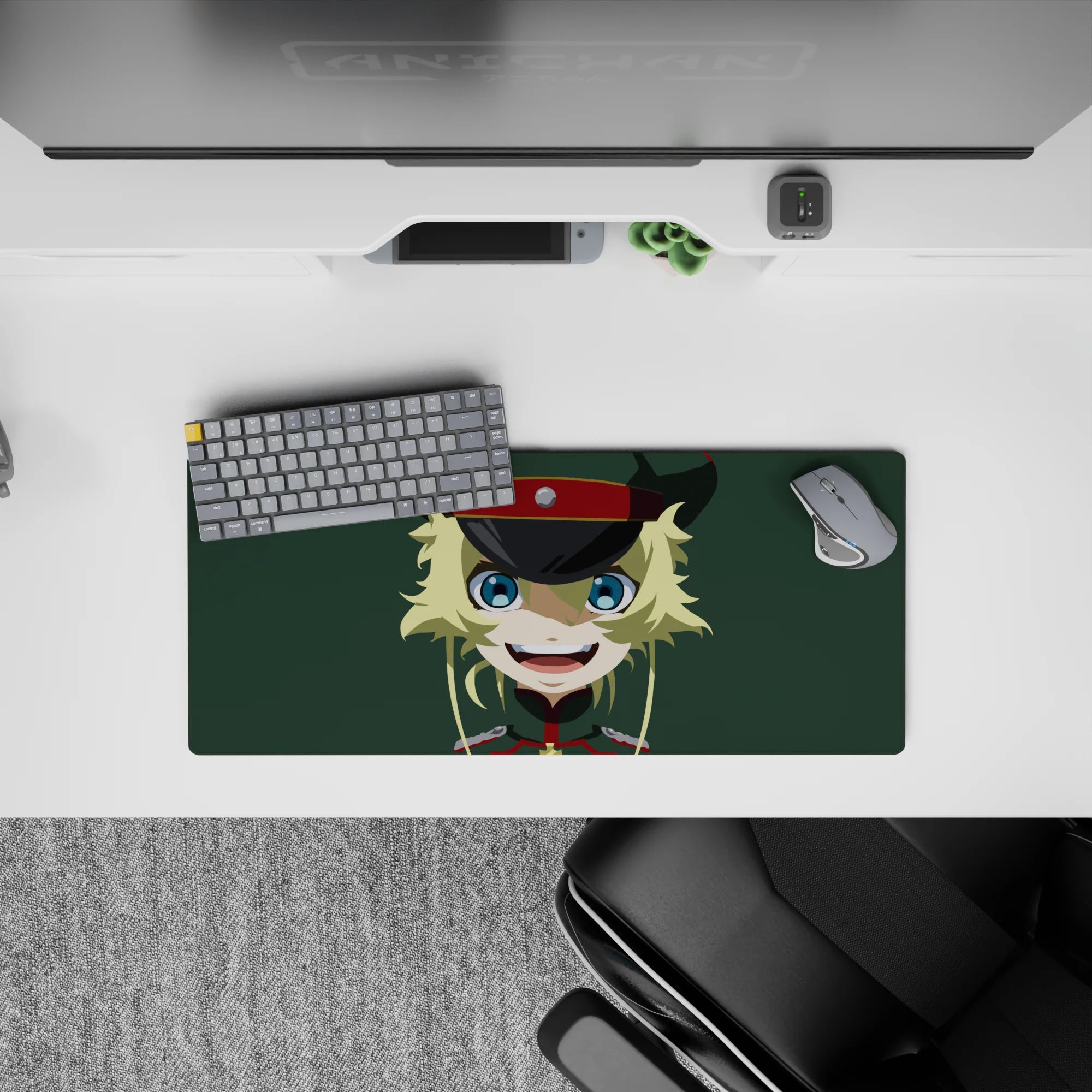 28x12 inches anime girl mouse pad in clean flat colors, bright blue eyes, yellow hair, muted green vibe.
