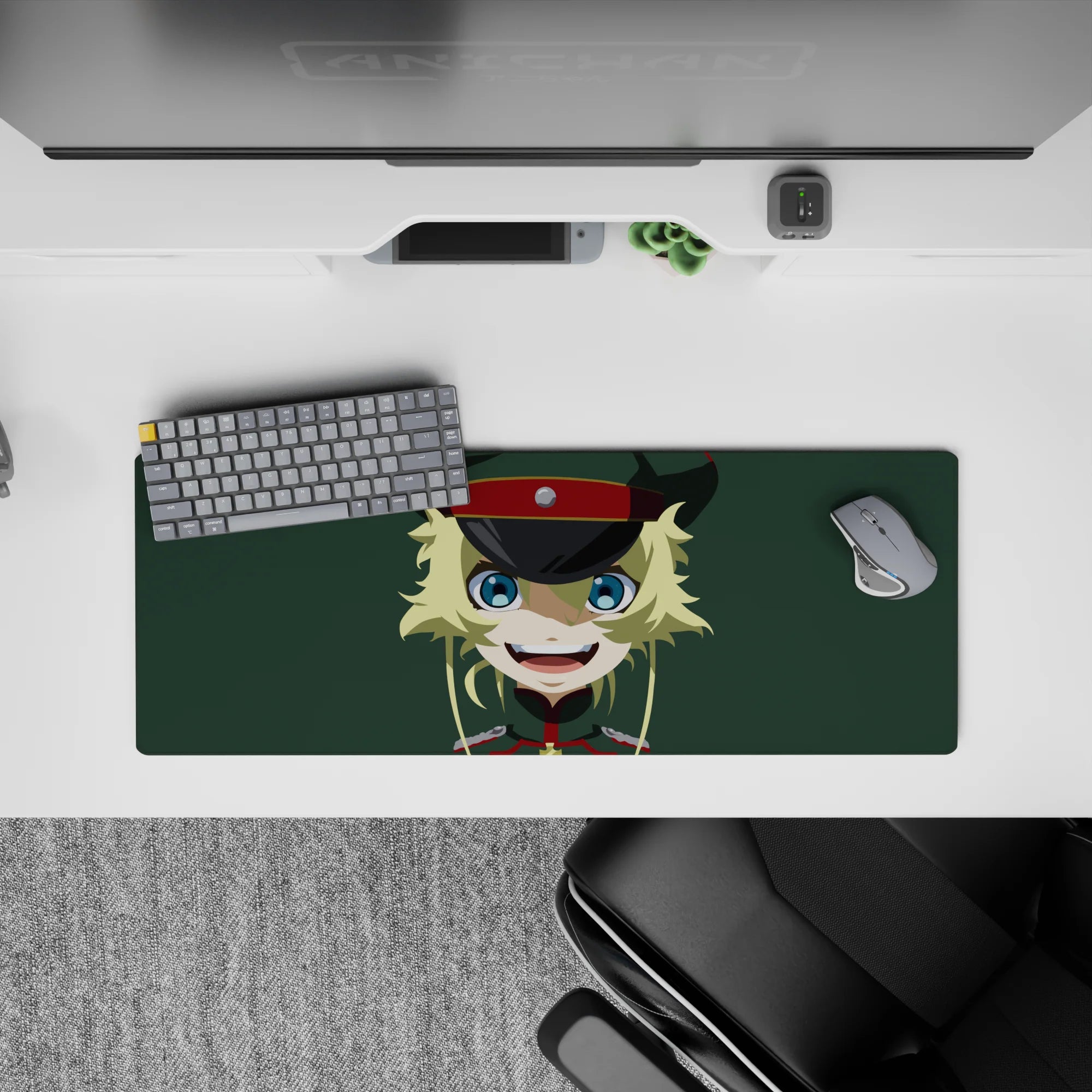 32x12 inches anime girl mouse pad in clean flat colors, muted green backdrop, playful chaotic vibe.