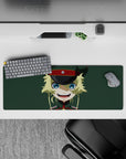 32x12 inches anime girl mouse pad in clean flat colors, muted green backdrop, playful chaotic vibe.