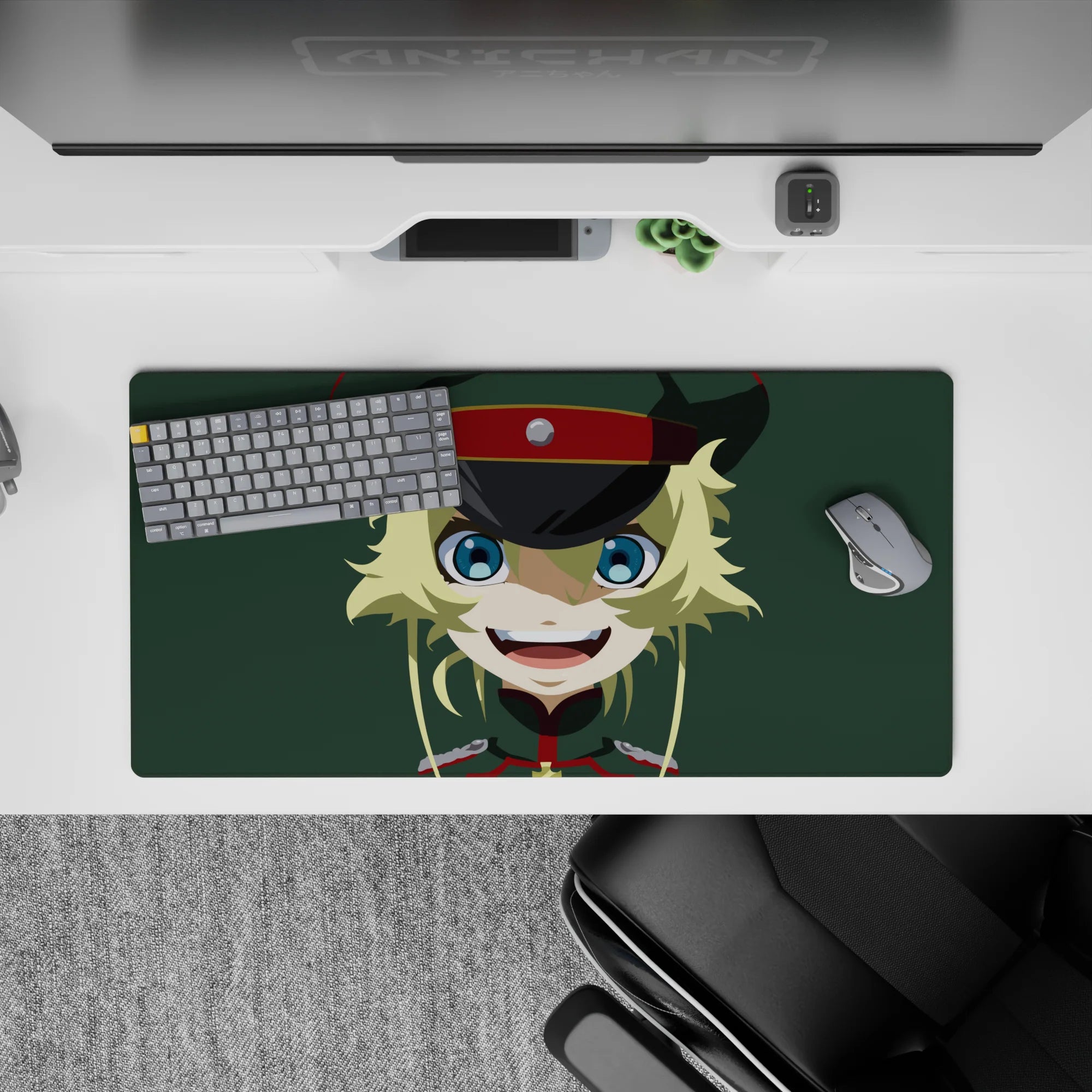 Cute chaotic anime mouse pad 32x16 inches in muted green with bright blues, yellow hair, clean lines.