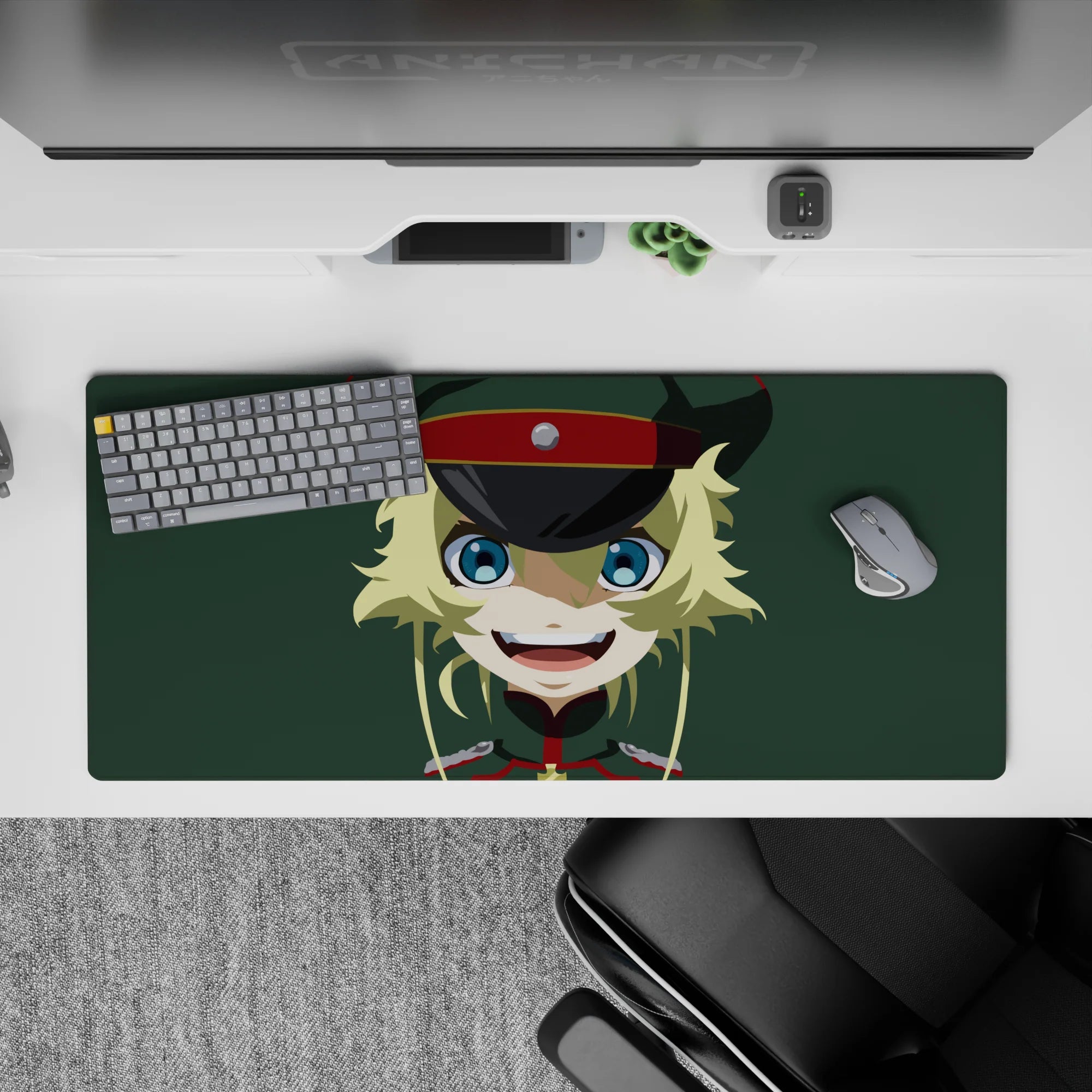 36x16 inches anime desk pad in muted green with clean flat colors, cute chaotic vibe, smooth glide.