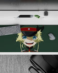 36x16 inches anime desk pad in muted green with clean flat colors, cute chaotic vibe, smooth glide.