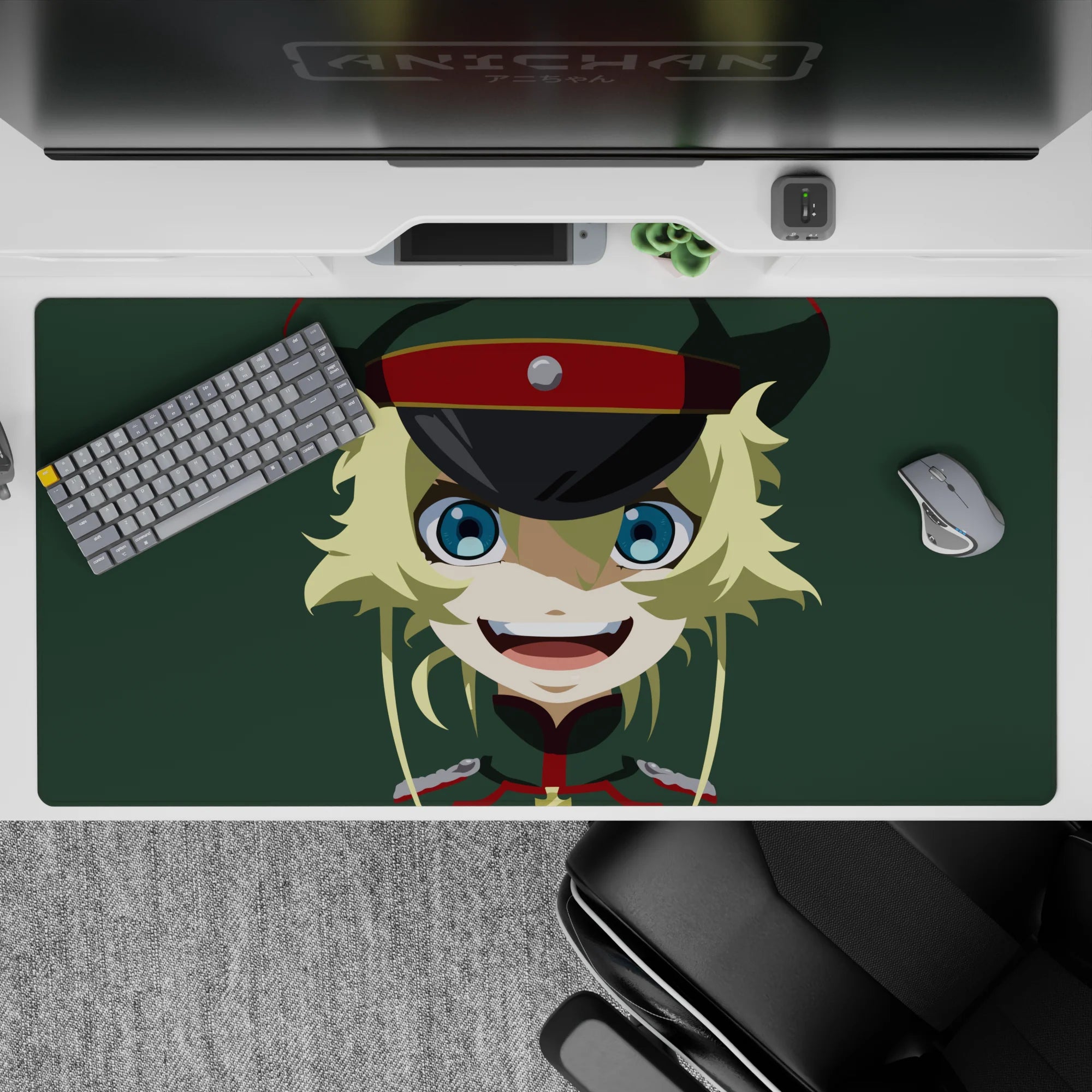 Cute chaotic vibe desk pad 40x20 inches in flat colors: blue eyes, yellow hair, dark cap, muted green.