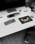 Close-up anime girl mouse pad 14x10 inches showing blonde in military cap staring forward with a sly grin.