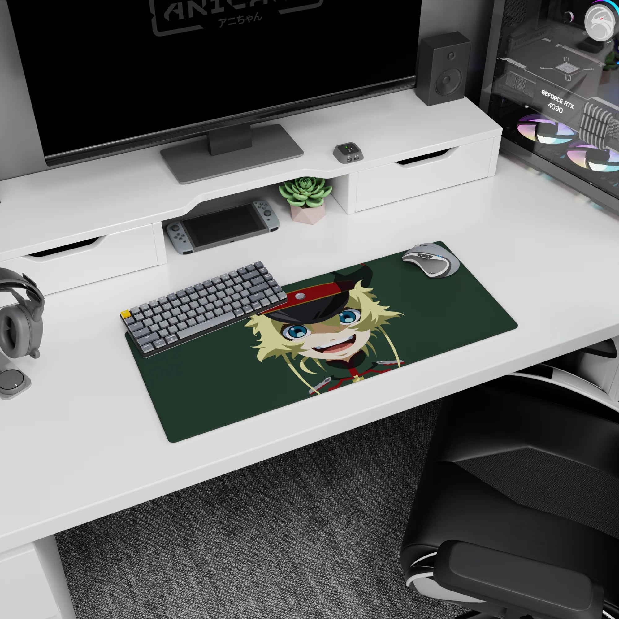28x12 inches anime girl mouse pad featuring a mischievous blonde grinning in a dark cap with red band.
