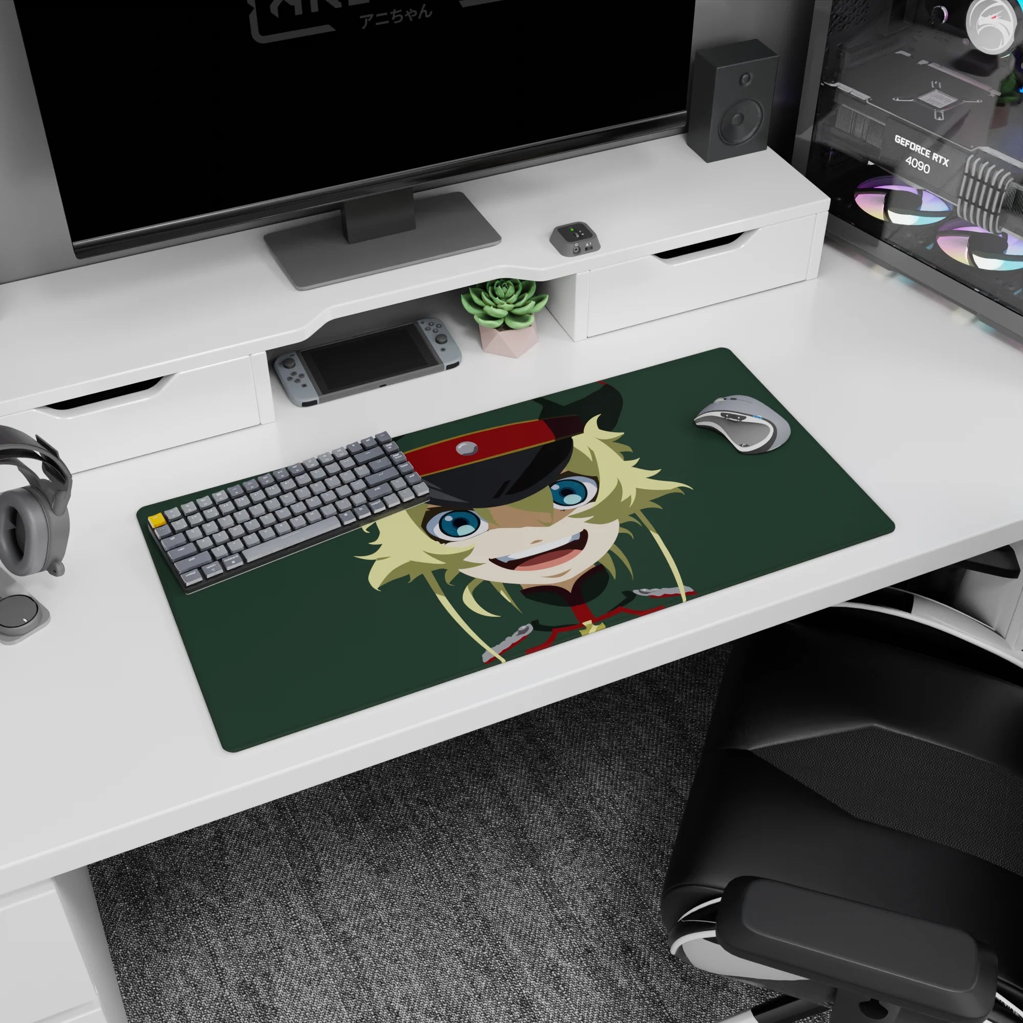 Mischievous blonde anime girl close-up mouse pad 32x16 inches, grinning with blue eyes and military cap.
