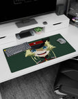 Mischievous blonde anime girl close-up mouse pad 32x16 inches, grinning with blue eyes and military cap.
