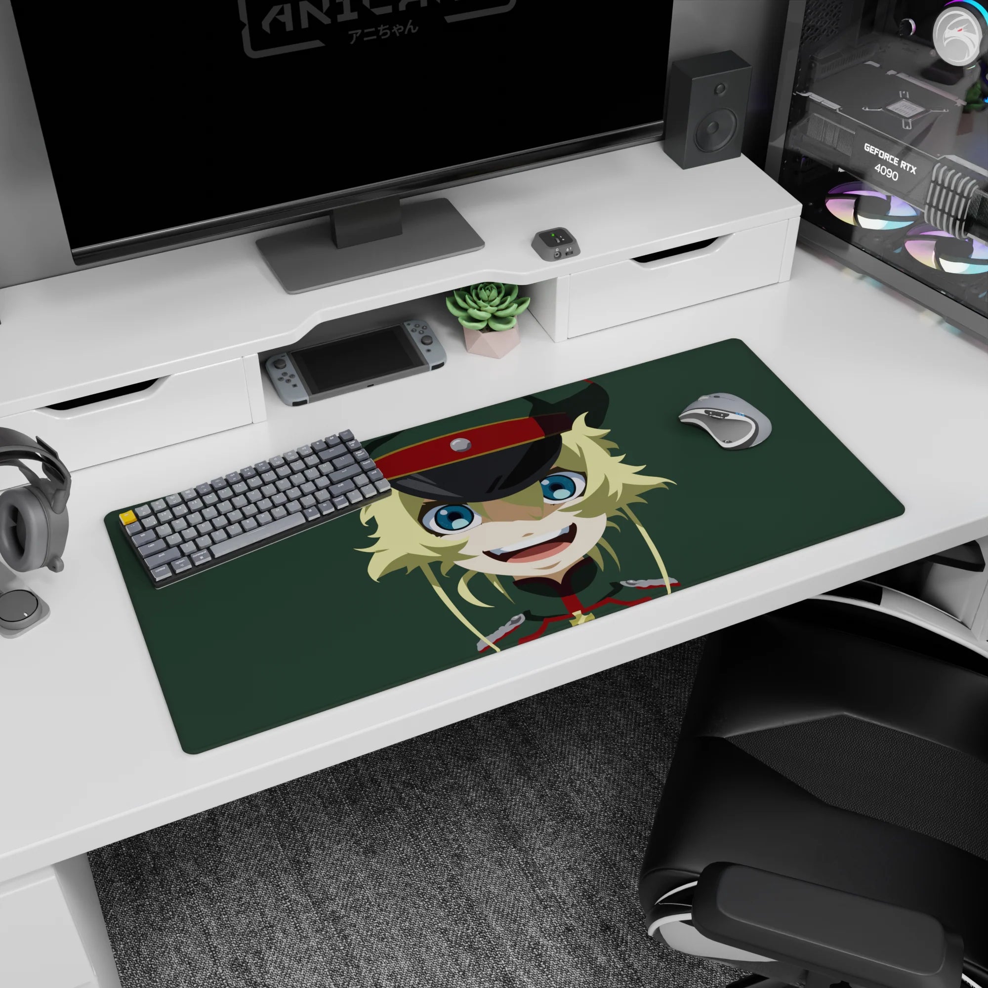 36x16 inches desk pad showing mischievous blonde anime girl staring forward, grinning in dark cap.