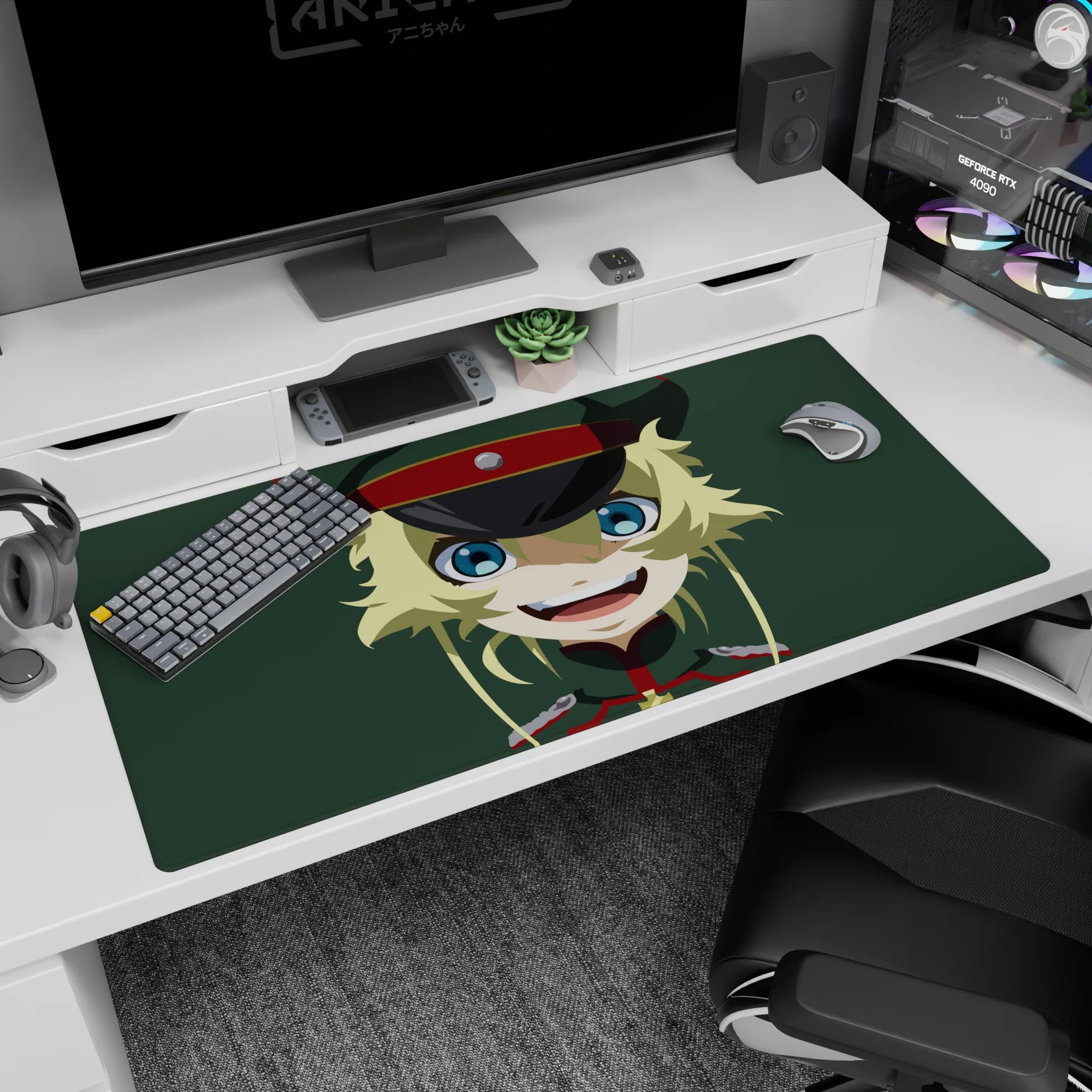 Close-up mischievous blonde anime girl staring at you on 40x20 inches desk pad, red-banded cap.