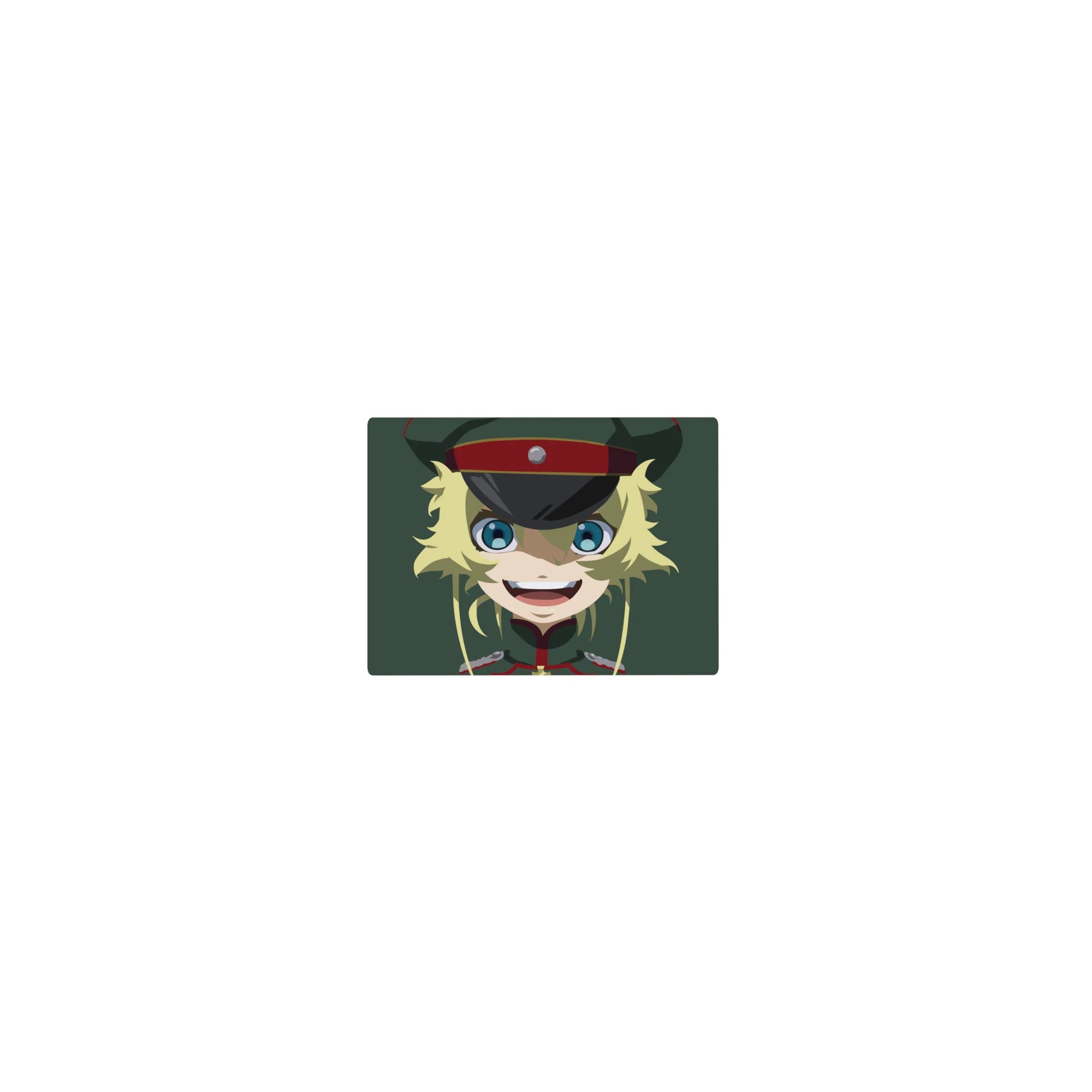 Classic anime girl mouse pad 14x10 inches with blonde grin, military cap, crisp flat colors, green backdrop.