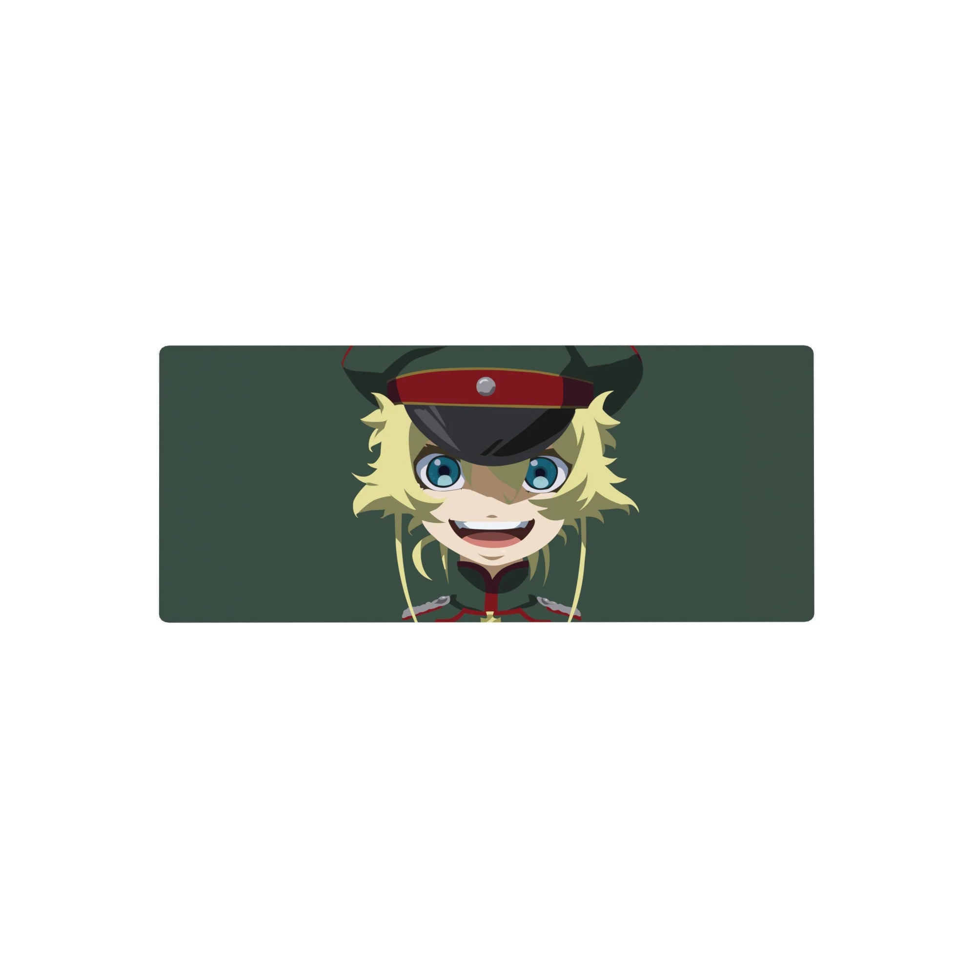 28x12 inches anime girl mouse pad with blonde soldier girl, blue eyes, military cap, green background.