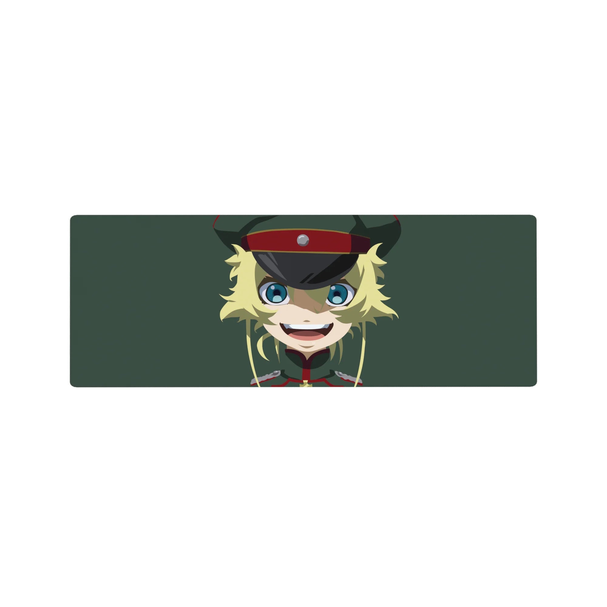 32x12 inches anime girl mouse pad with blonde soldier girl, blue eyes, military cap, green background.