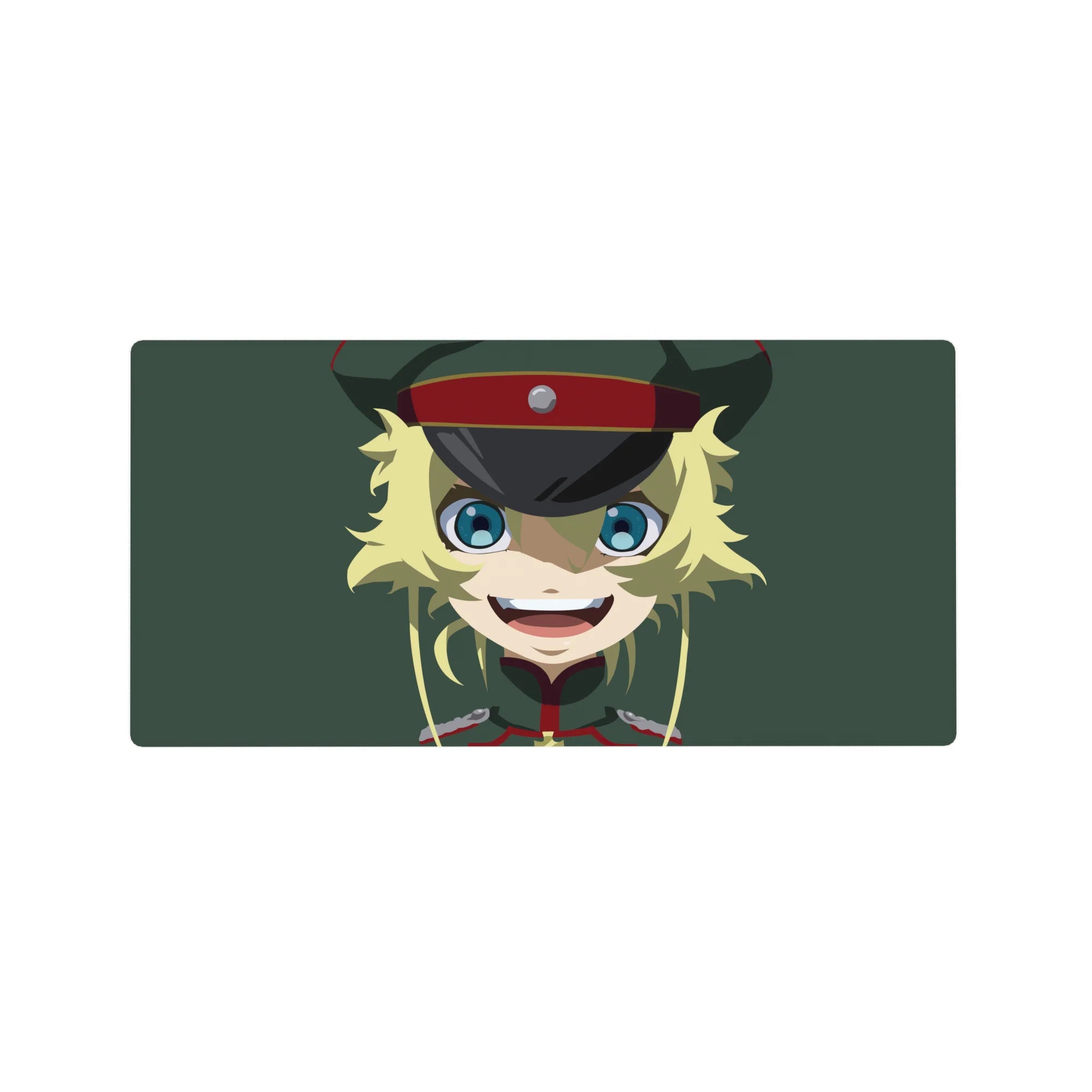 Anime girl mouse pad 32x16 inches with blonde soldier cap, blue eyes, crisp flat colors on green.