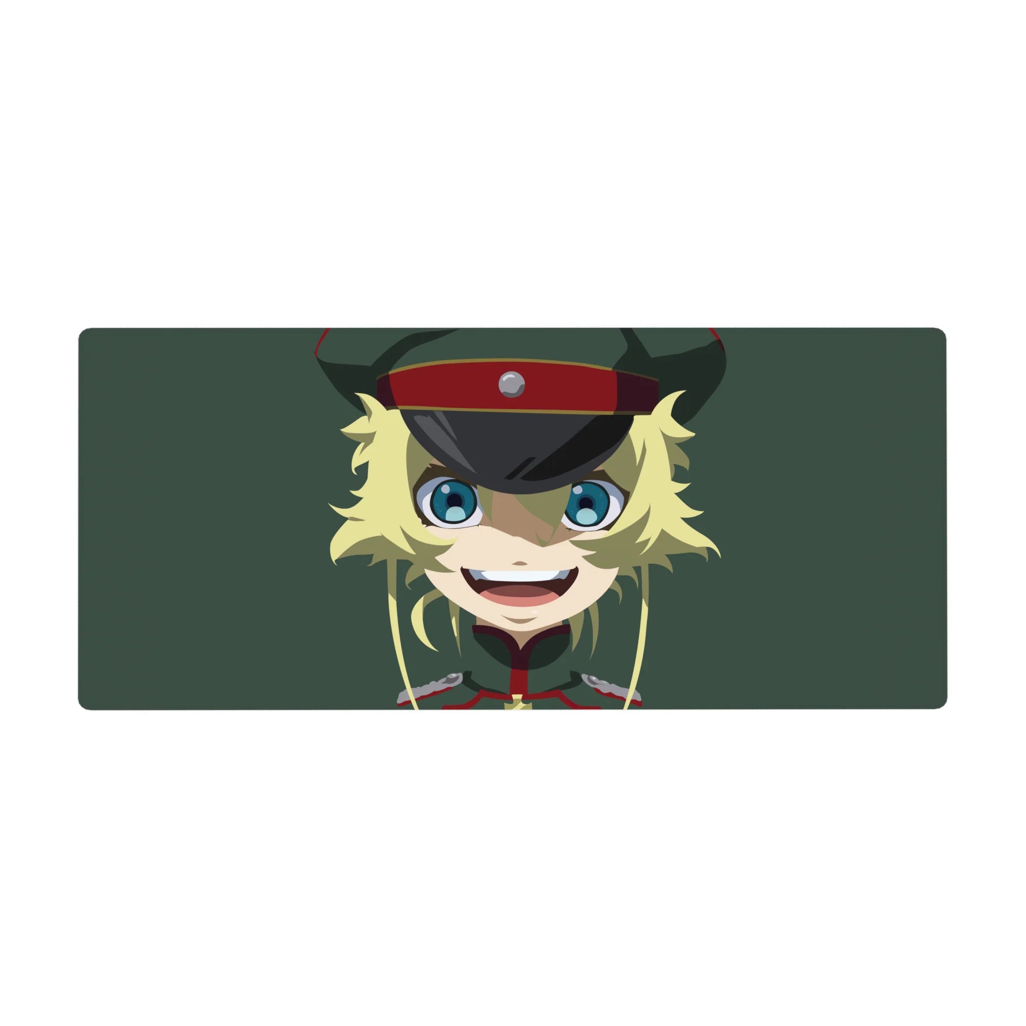 36x16 inches anime girl desk pad with blonde girl in military cap, blue eyes, crisp lines on green.