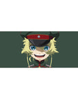 36x16 inches anime girl desk pad with blonde girl in military cap, blue eyes, crisp lines on green.