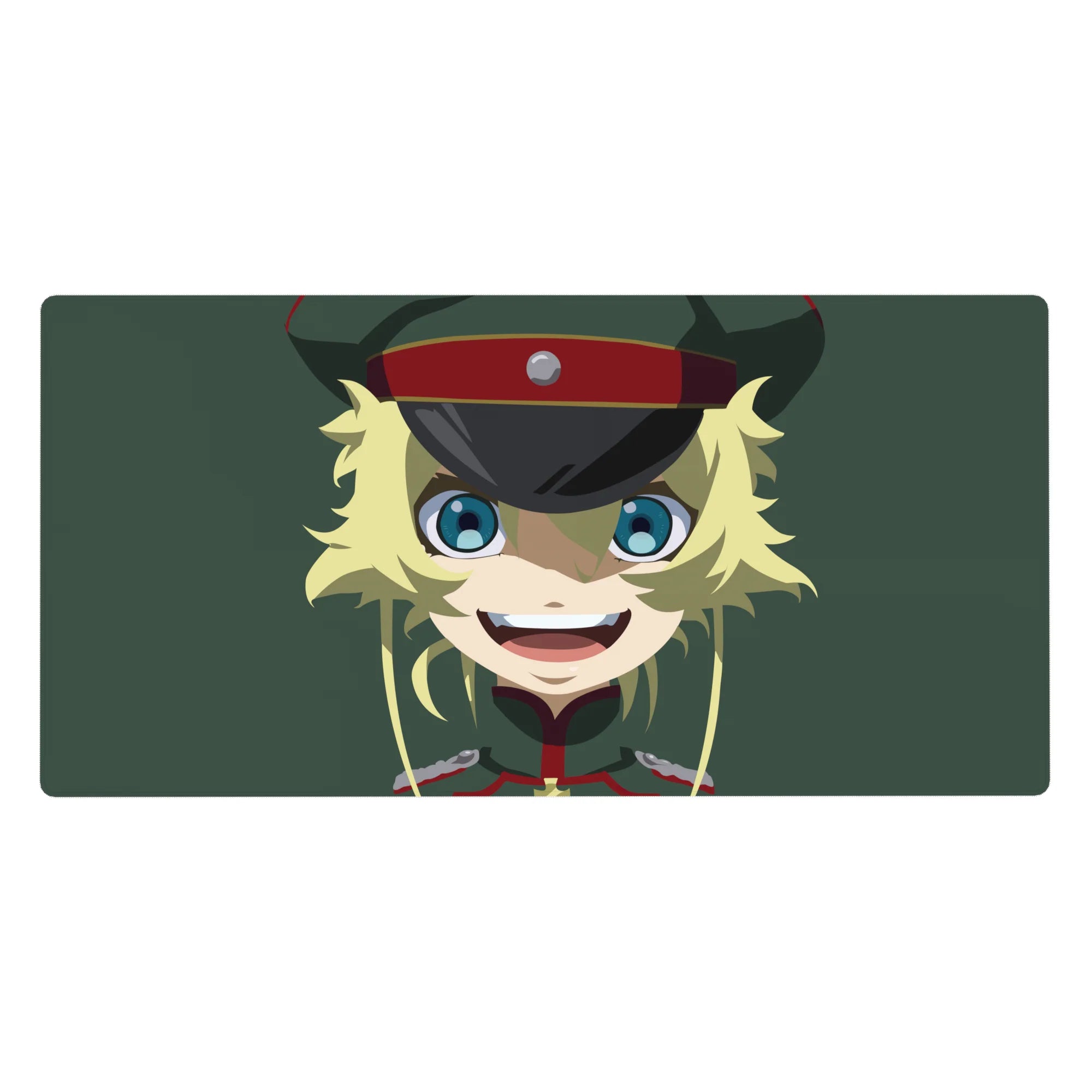 Anime girl desk pad 40x20 inches with blonde blue-eyed grin, military cap, crisp lines on green background.