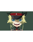 Anime girl desk pad 40x20 inches with blonde blue-eyed grin, military cap, crisp lines on green background.