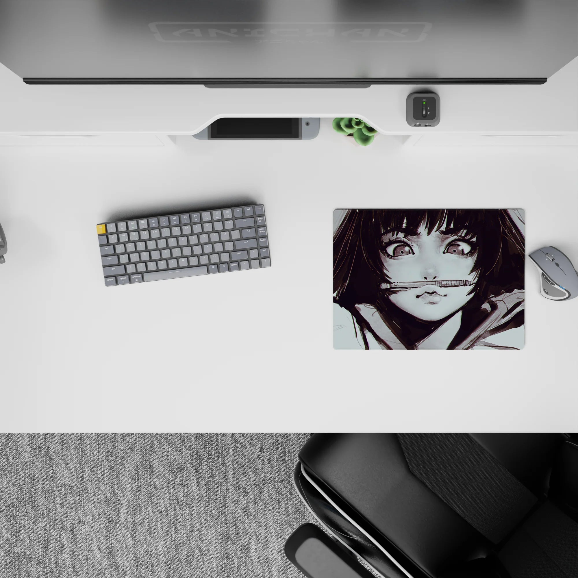 Moody grey smoky ink anime mouse pad 14x10 inches with bright highlights and smooth tracking surface.