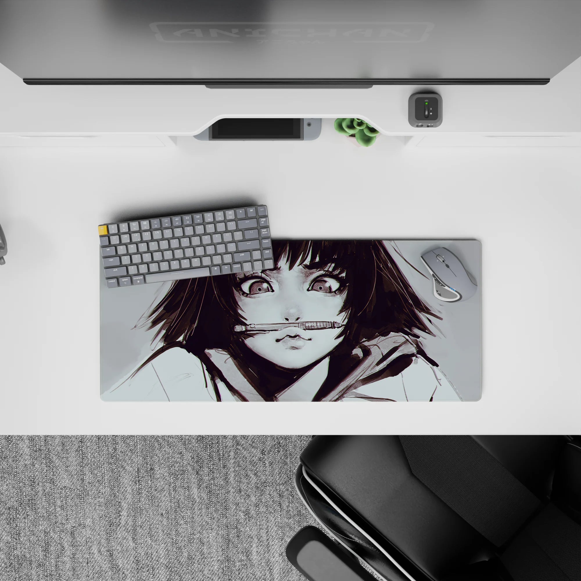 28x12 inches anime desk mat in soft greys and smoky ink tones with bright highlights and moody vibe.