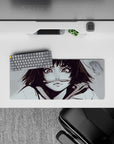 28x12 inches anime desk mat in soft greys and smoky ink tones with bright highlights and moody vibe.