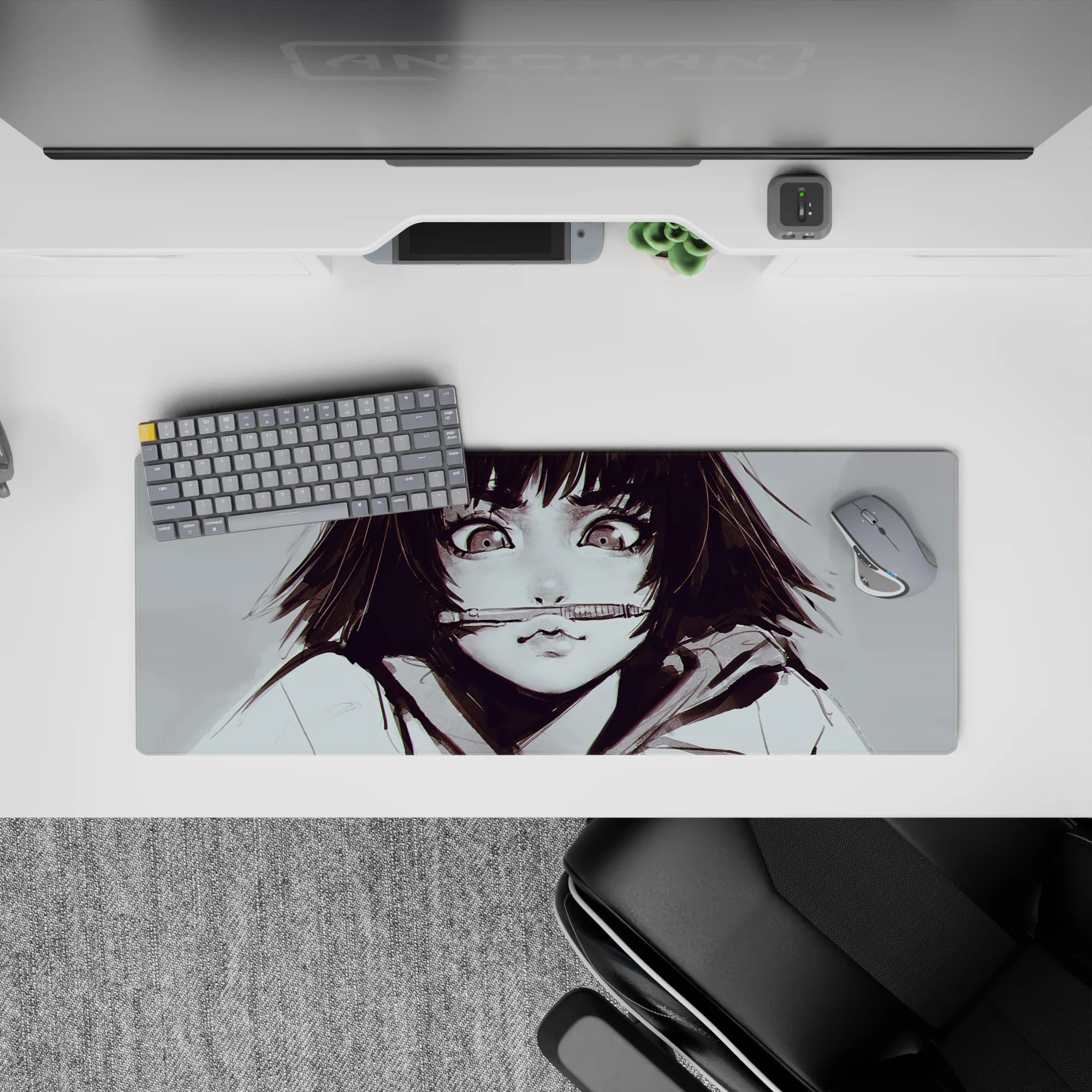 32x12 inches desk mouse pad in soft greys and smoky ink strokes, bright highlights, moody yet cute anime style.