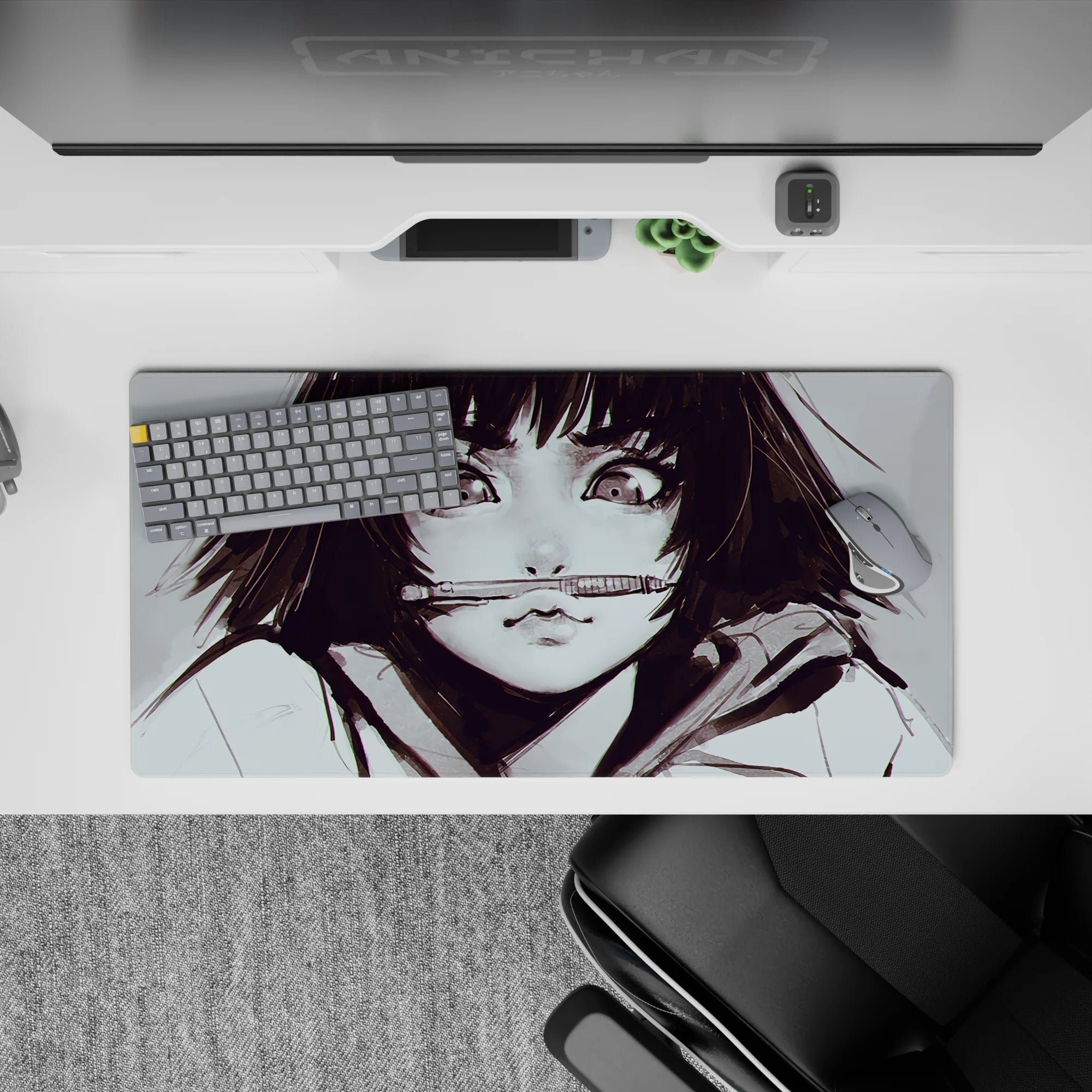 32x16 inches anime girl mouse pad in soft greys and smoky ink strokes with bright highlight pops.